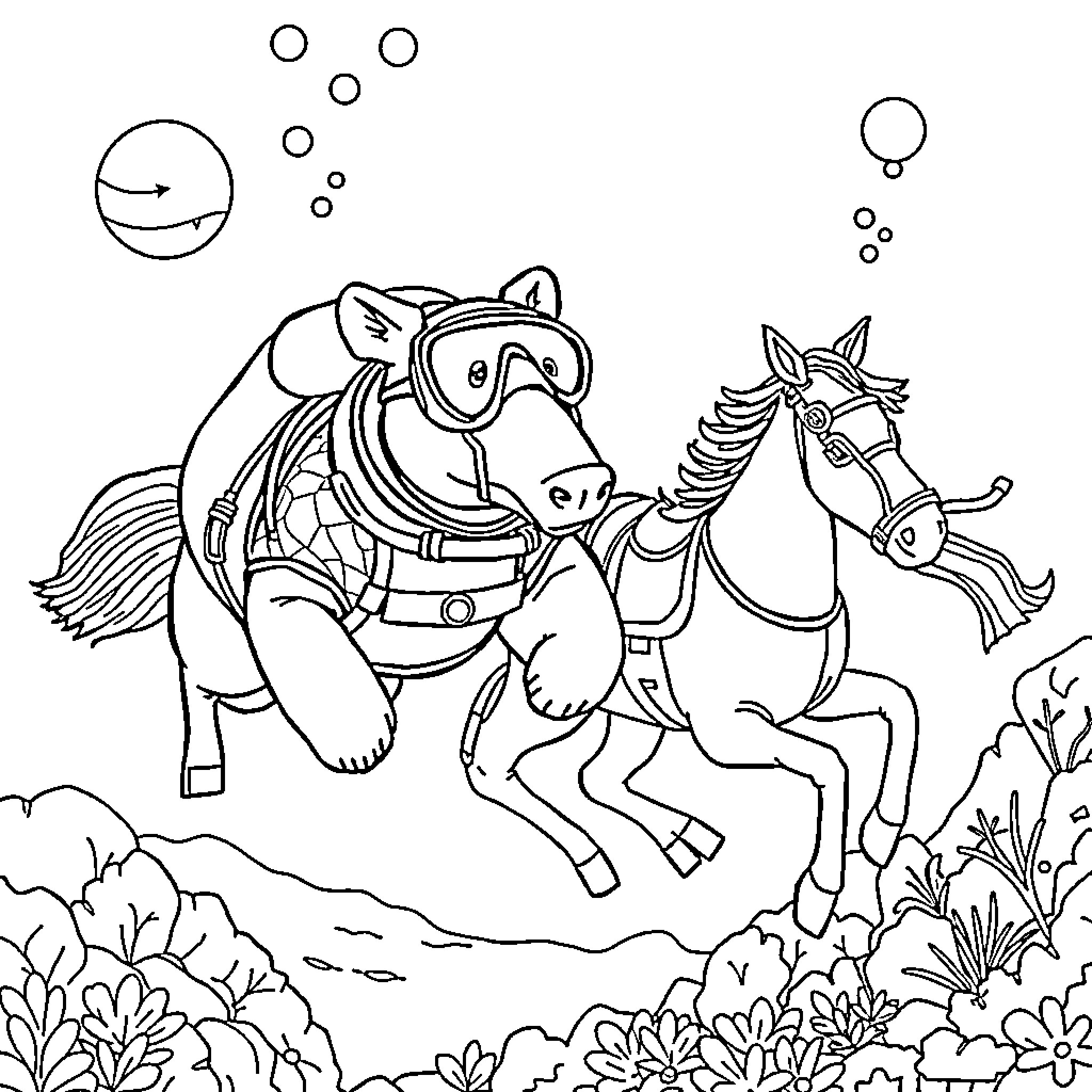 Polar Bear Riding Scuba-Diving Horse in Underwater Coral Reef Coloring Page (free black-and-white line drawing printable PDF for all, from beginners to advanced learners, including children, teens, adults, and seniors)