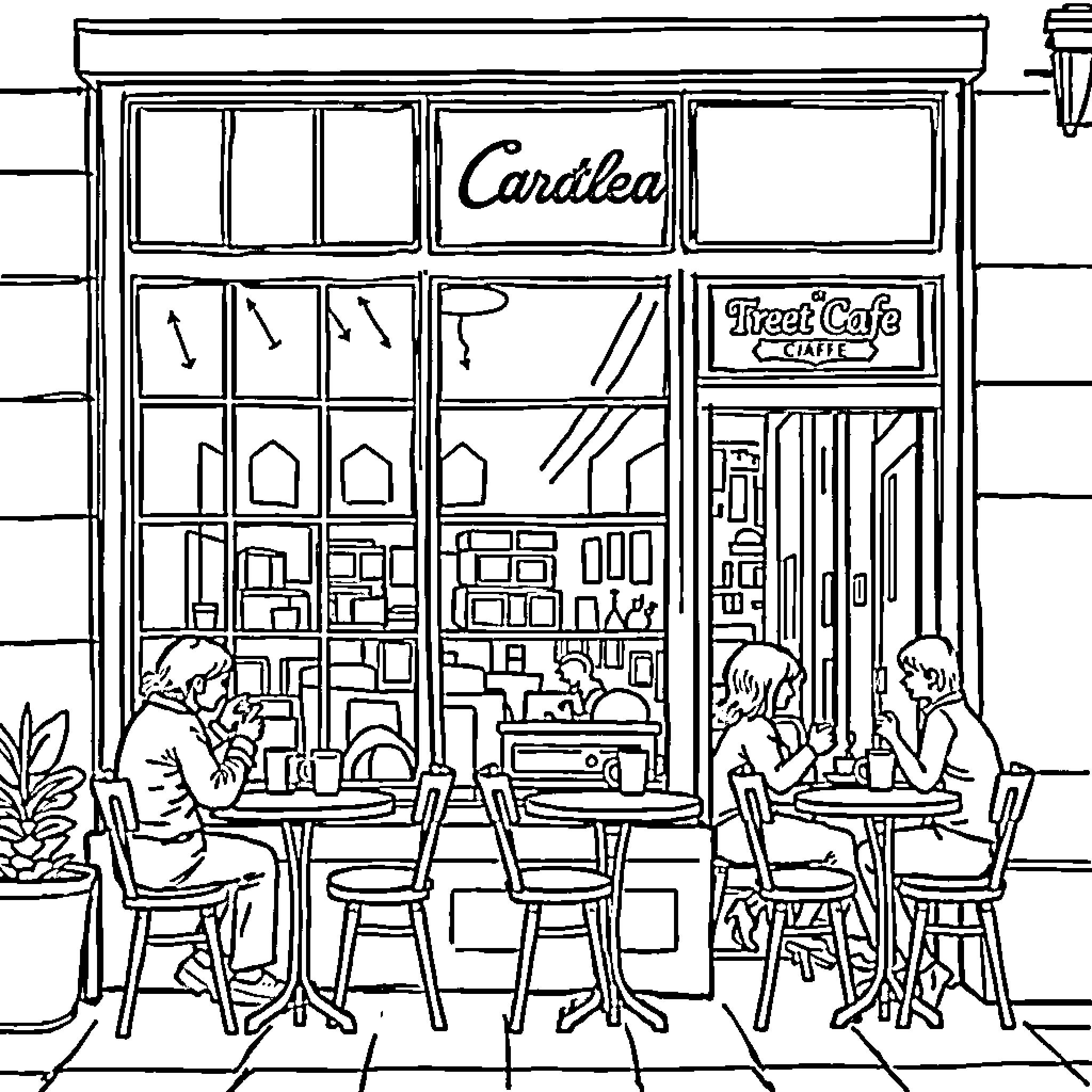 Cafe Patrons Enjoying Cozy Cafe Setting Coloring Page (free black-and-white line drawing printable PDF for all, from beginners to advanced learners, including children, teens, adults, and seniors)