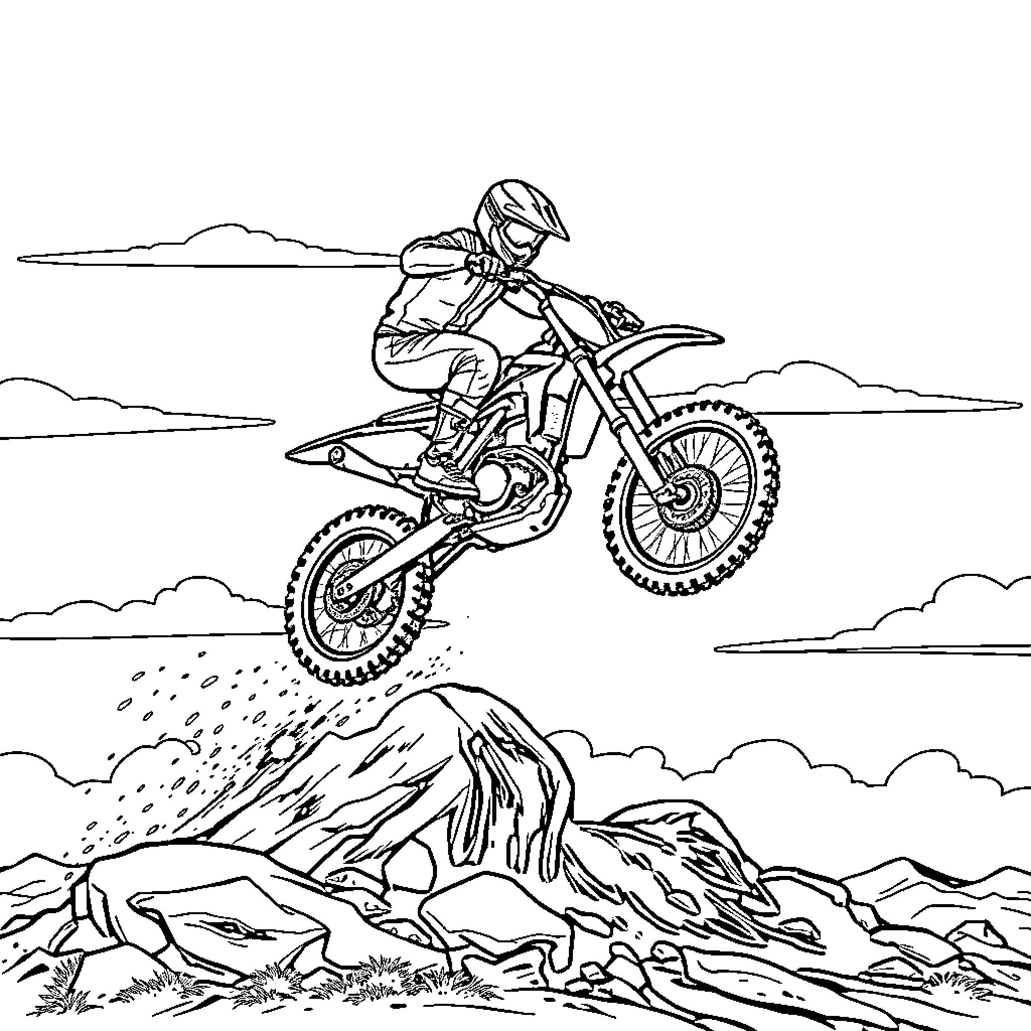 Dirt Bike Rider Soaring Over Mountainous Terrain Coloring Page (free black-and-white line drawing printable PDF for all, from beginners to advanced learners, including children, teens, adults, and seniors)