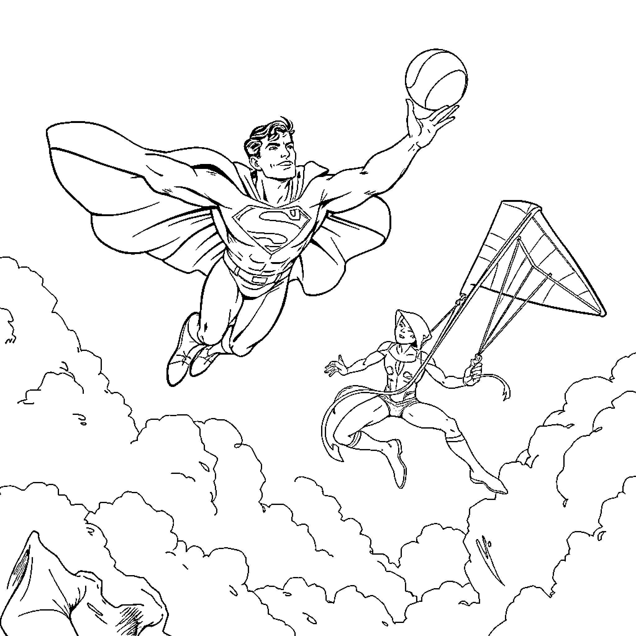 Superman Soaring High with Sidekick in Action Coloring Page (free black-and-white line drawing printable PDF for all, from beginners to advanced learners, including children, teens, adults, and seniors)