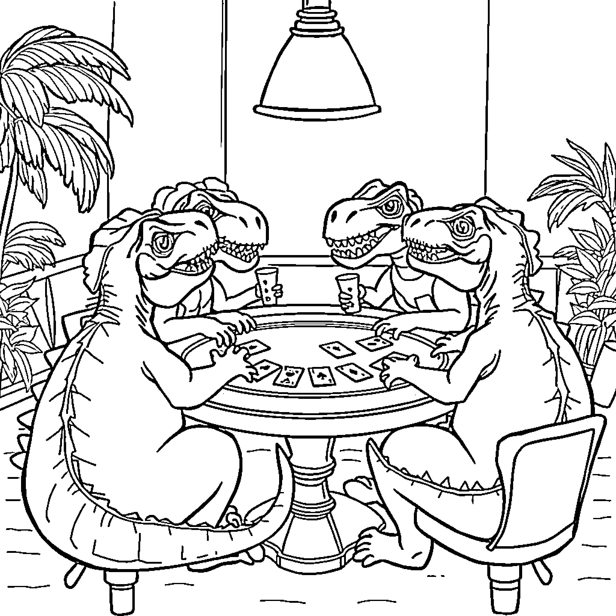 Dinosaurs playing cards at the casino Coloring Page (free black-and-white line drawing printable PDF for all, from beginners to advanced learners, including children, teens, adults, and seniors)