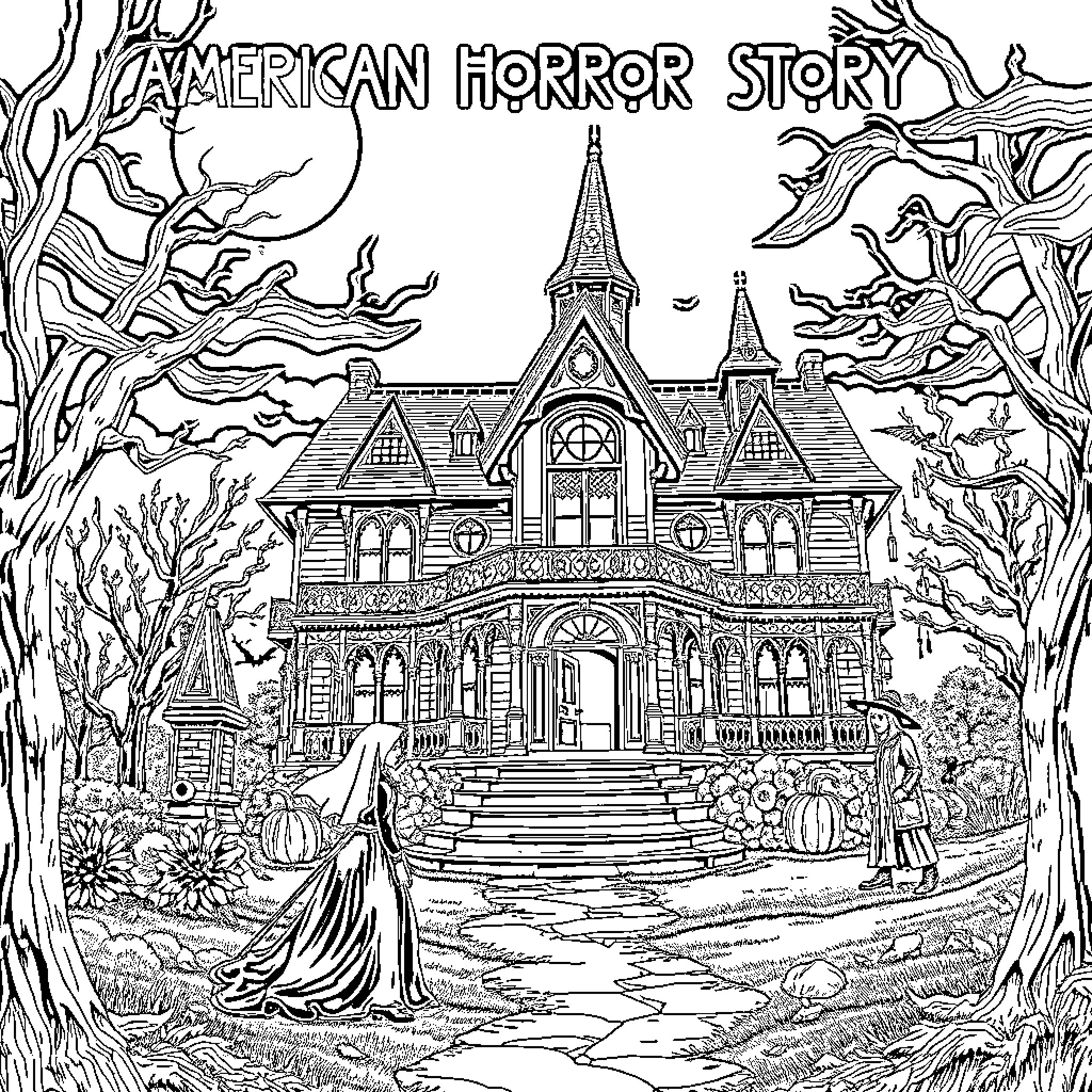 American Horror Story: Haunting Victorian Manor Coloring Page (free black-and-white line drawing printable PDF for all, from beginners to advanced learners, including children, teens, adults, and seniors)