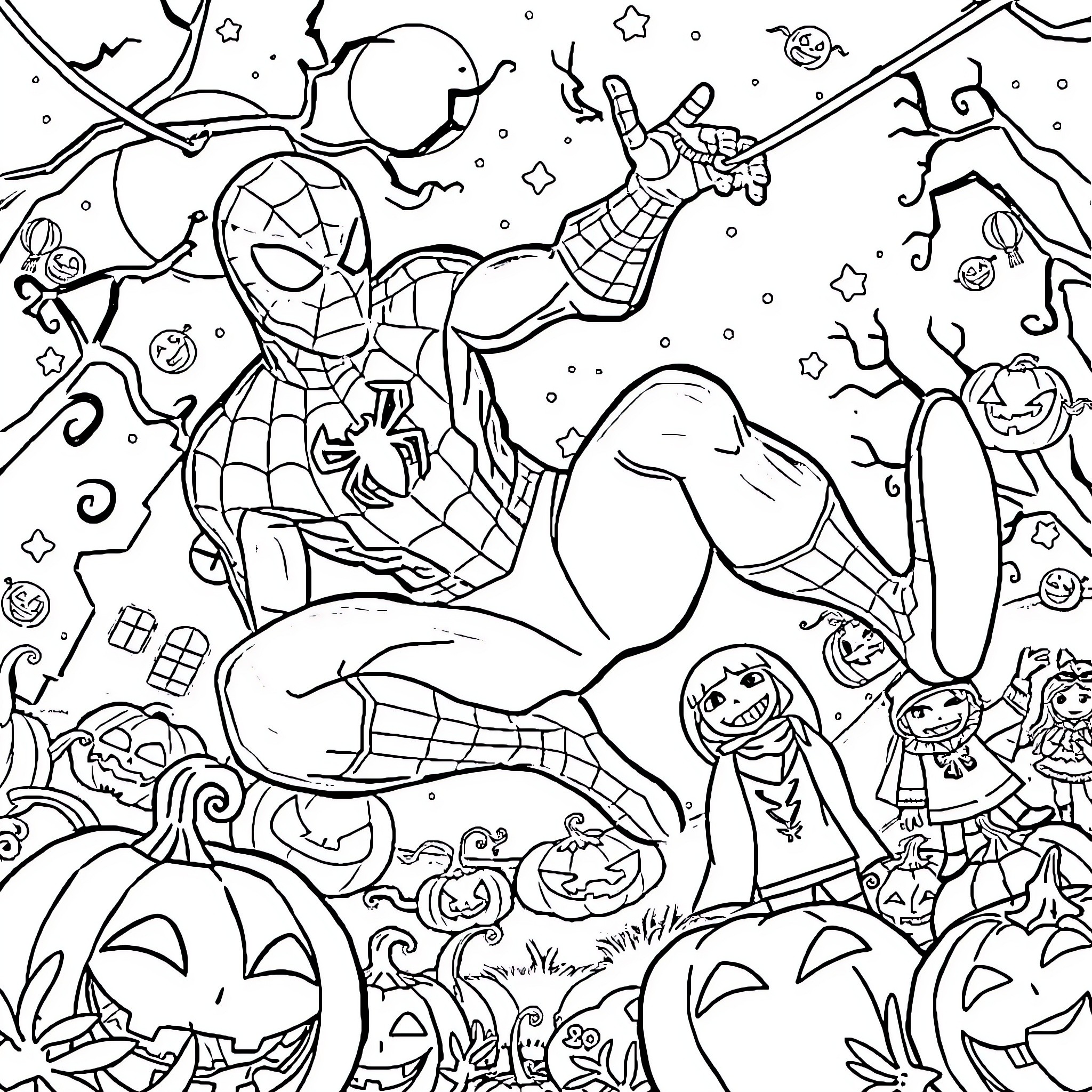 Spiderman swinging through a Halloween-themed scene Coloring Page (free black-and-white line drawing printable PDF for all, from beginners to advanced learners, including children, teens, adults, and seniors)