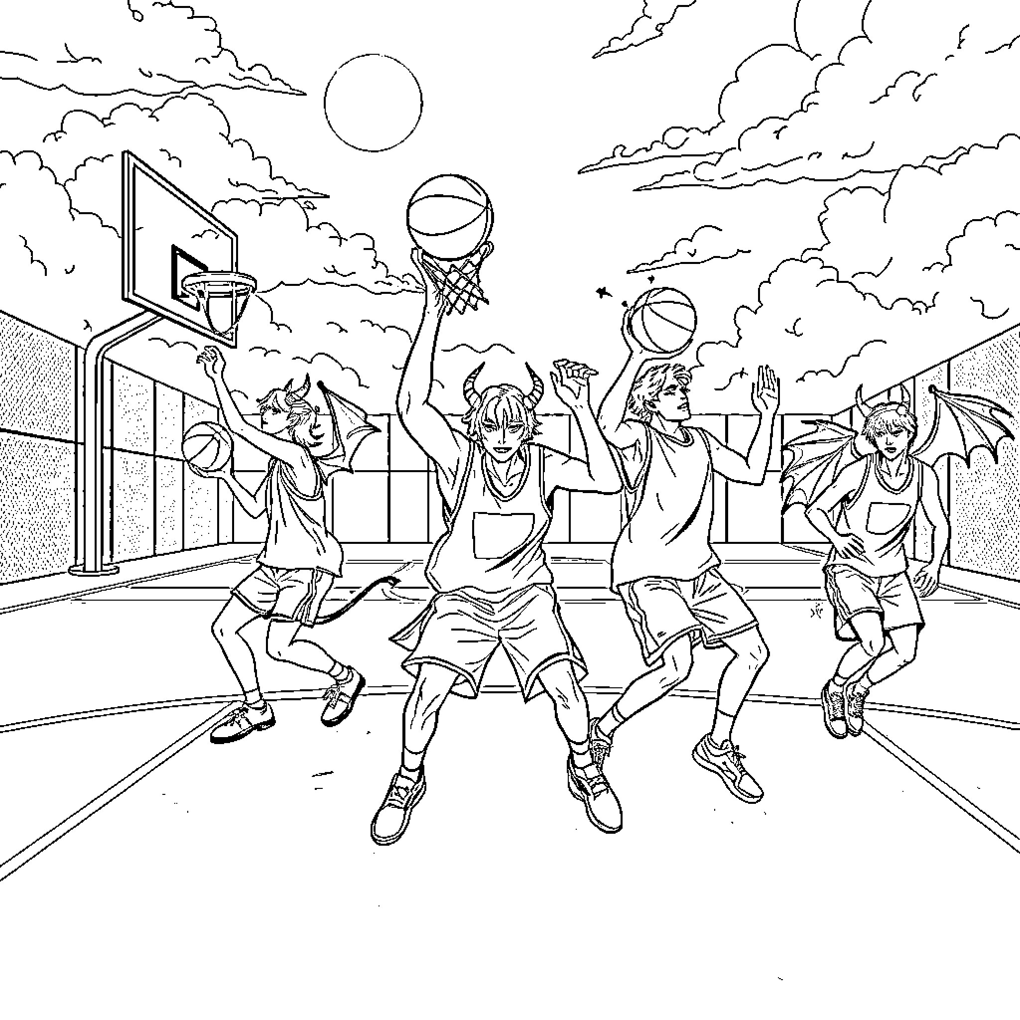 Demon Hunter's Basketball Showdown Coloring Page (free black-and-white line drawing printable PDF for all, from beginners to advanced learners, including children, teens, adults, and seniors)