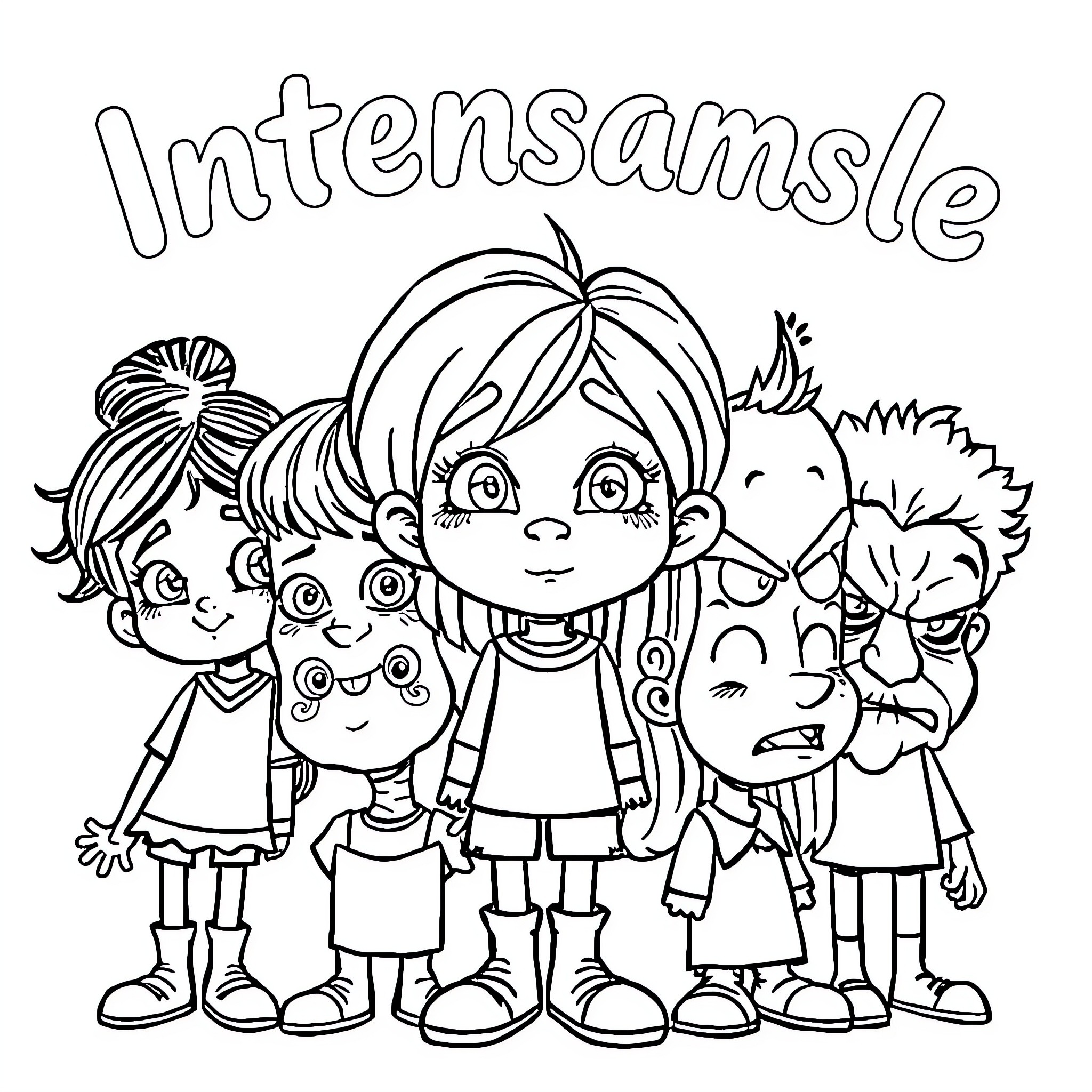 Inside Out Characters Displaying Various Emotions Coloring Page (free black-and-white line drawing printable PDF for all, from beginners to advanced learners, including children, teens, adults, and seniors)