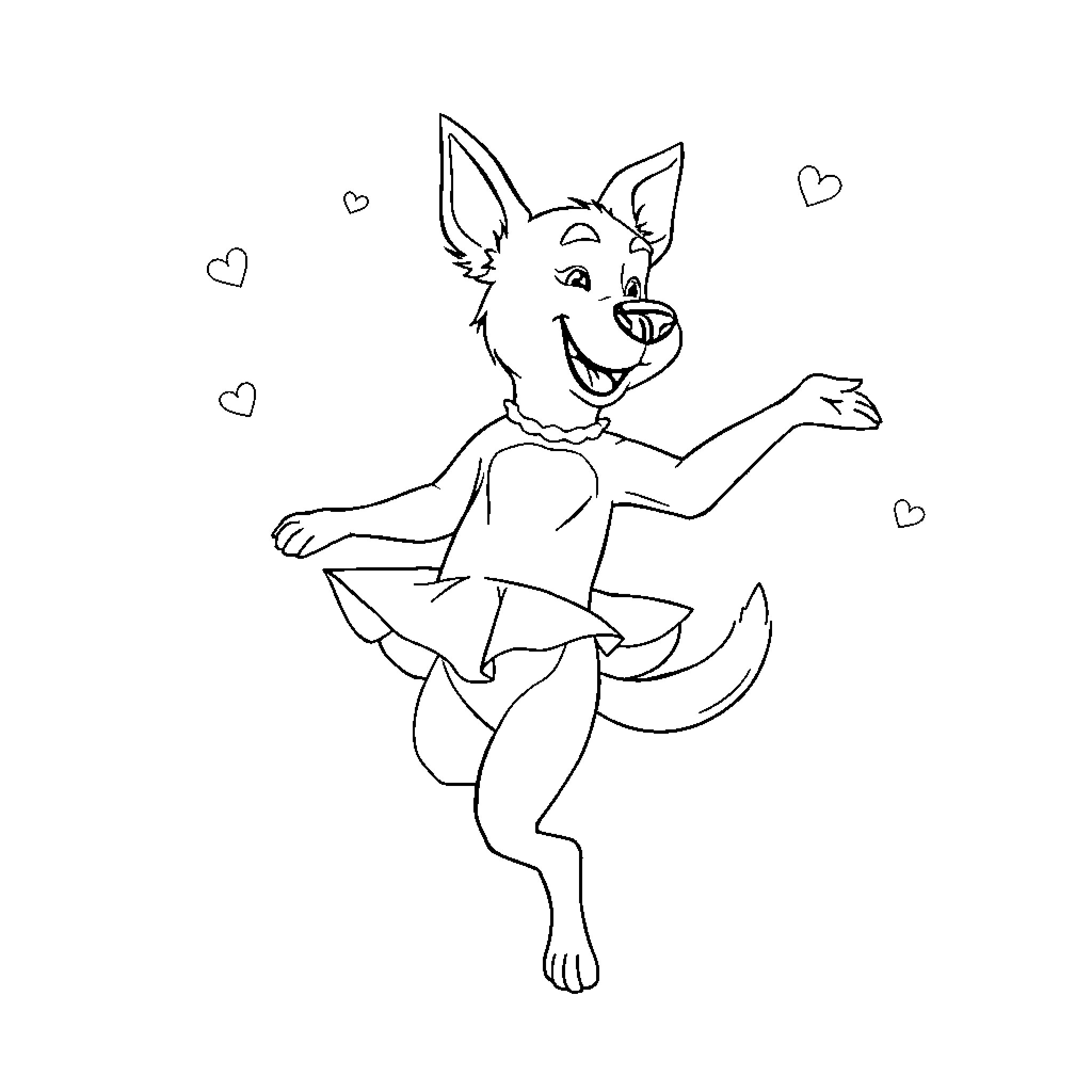 Bluey Dancing Cheerfully with Hearts Coloring Page (free black-and-white line drawing printable PDF for all, from beginners to advanced learners, including children, teens, adults, and seniors)