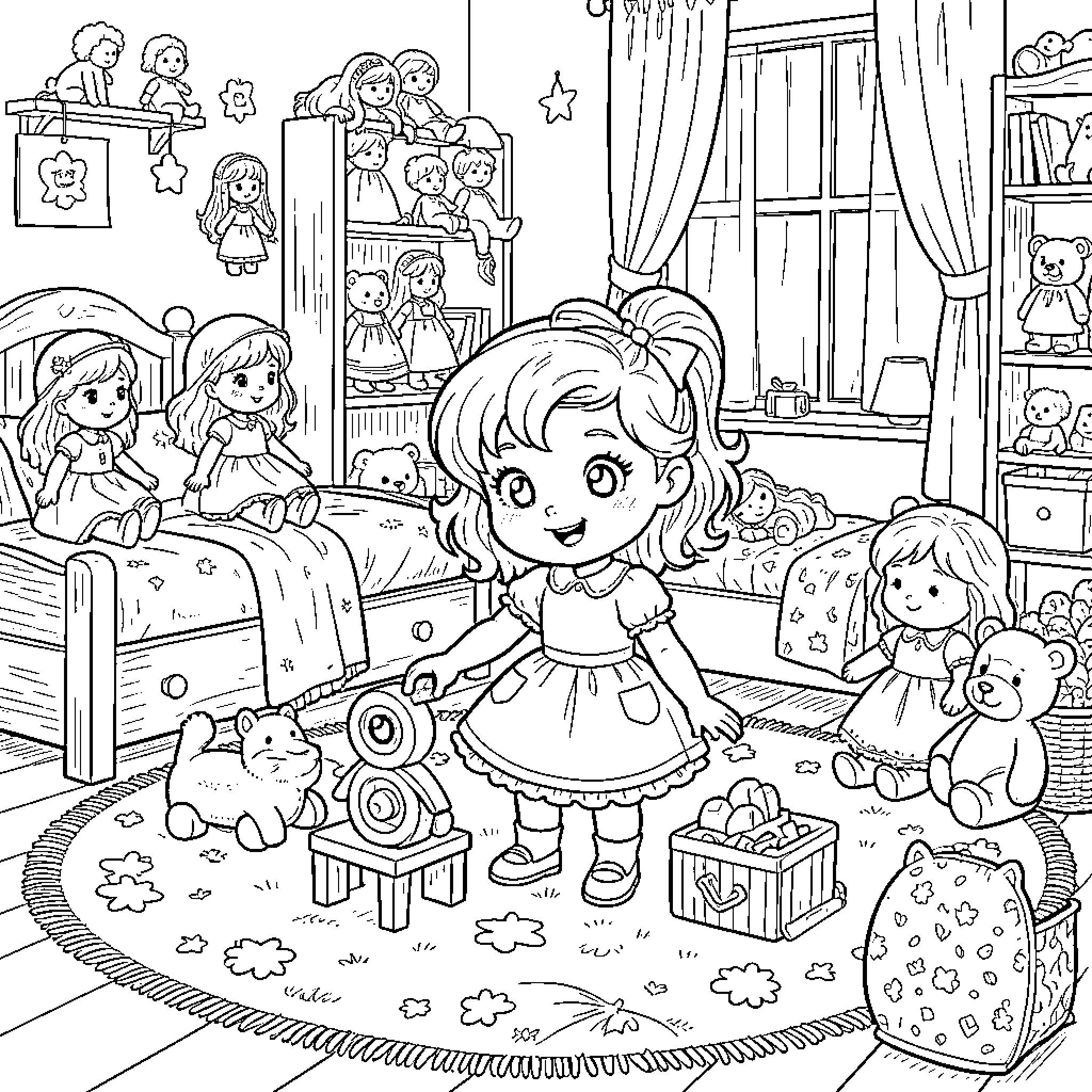 Princess Sofia playing with dolls and toys in her room Coloring Page (free black-and-white line drawing printable PDF for all, from beginners to advanced learners, including children, teens, adults, and seniors)