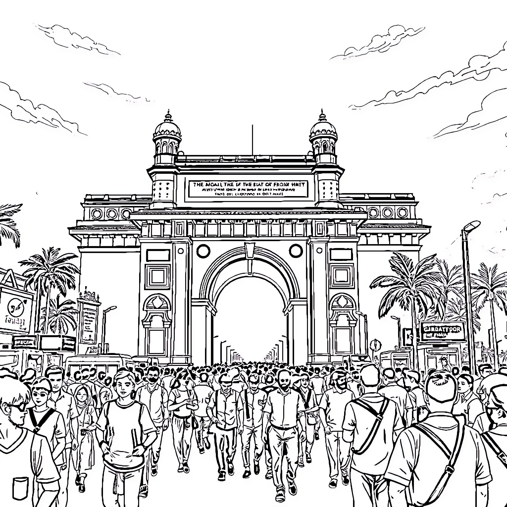 Gateway of India showcasing a bustling crowd Coloring Page (free black-and-white line drawing printable PDF for all, from beginners to advanced learners, including children, teens, adults, and seniors)