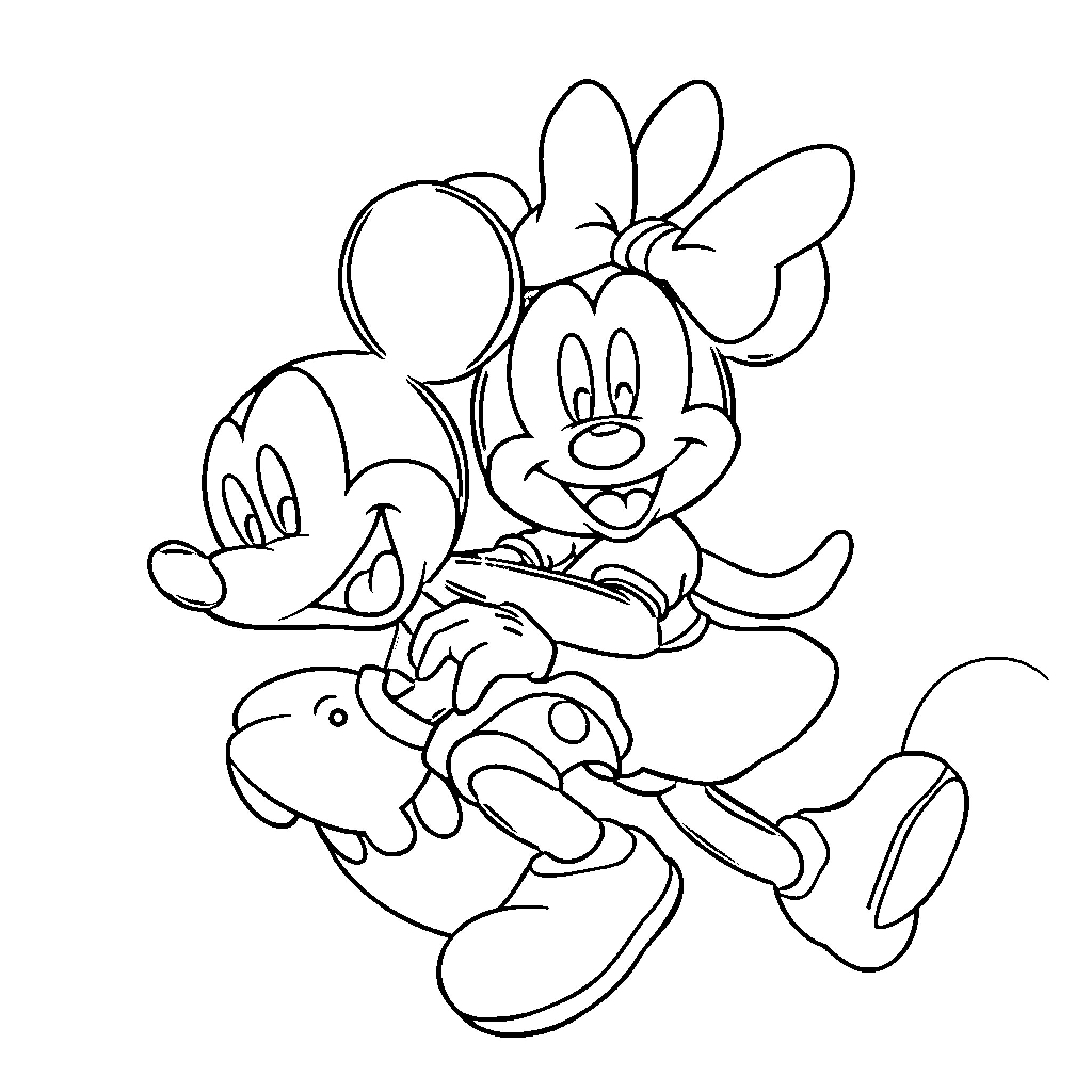 Mickey Mouse and Minnie Mouse playing together Coloring Page (free black-and-white line drawing printable PDF for all, from beginners to advanced learners, including children, teens, adults, and seniors)