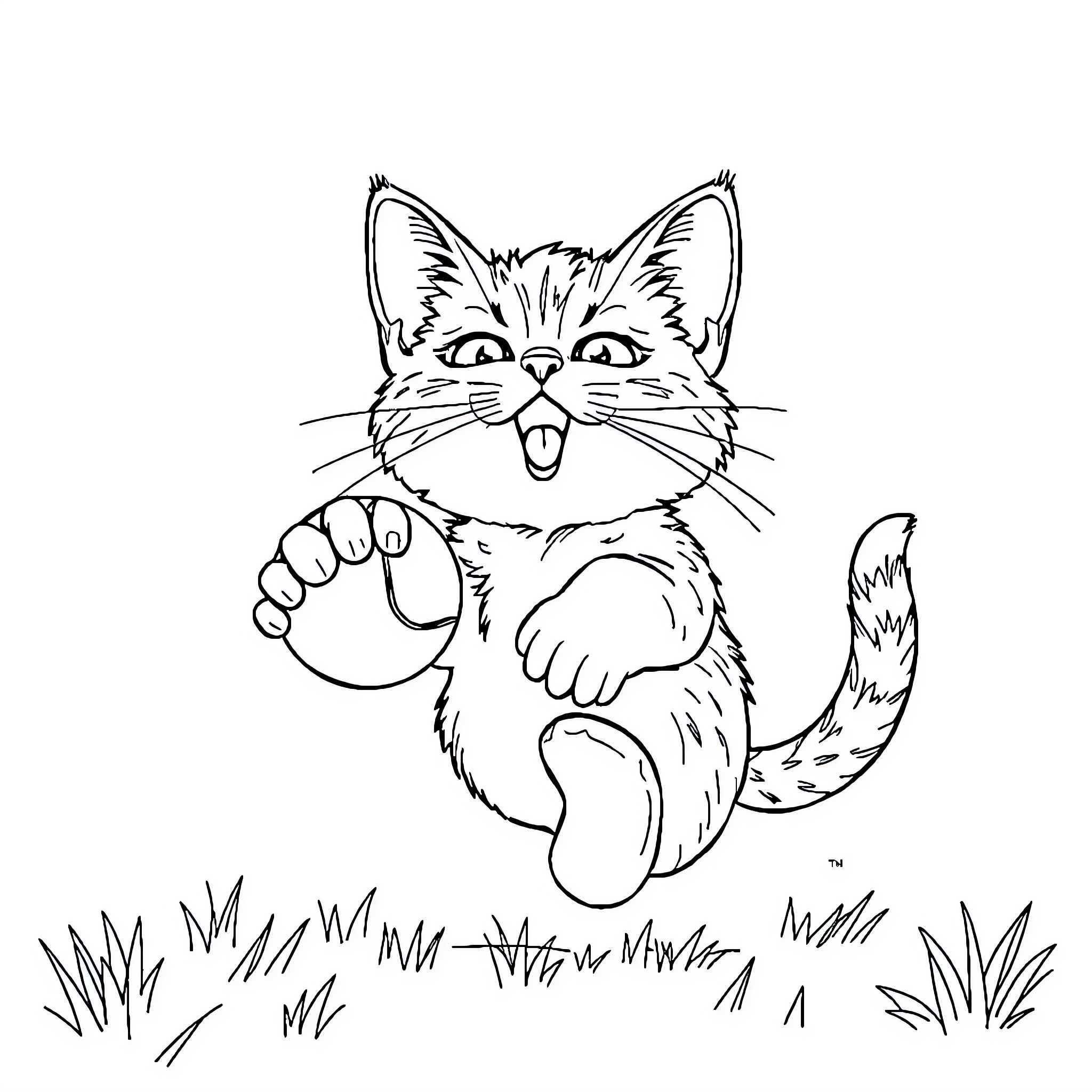Cat playing with a ball of yarn in the grass Coloring Page (free black-and-white line drawing printable PDF for all, from beginners to advanced learners, including children, teens, adults, and seniors)