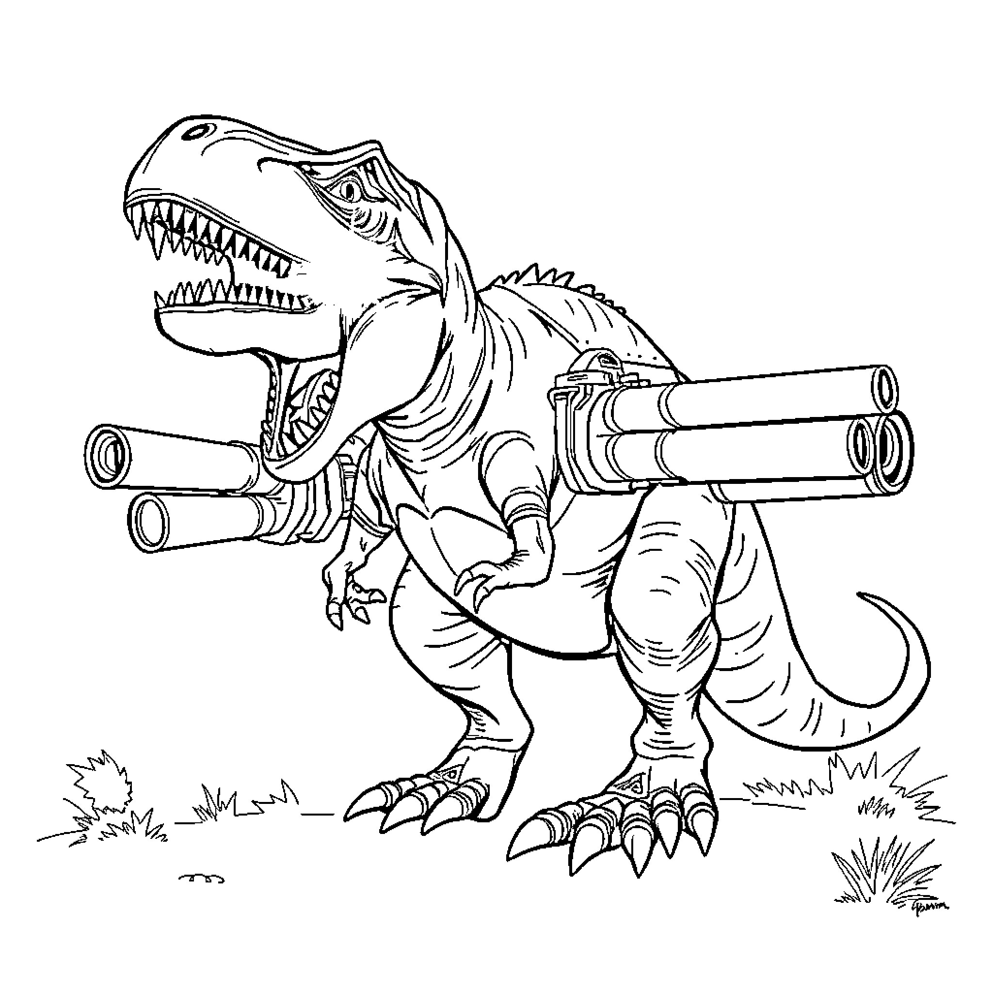 T-Rex with futuristic cannon arms in a field Coloring Page (free black-and-white line drawing printable PDF for all, from beginners to advanced learners, including children, teens, adults, and seniors)