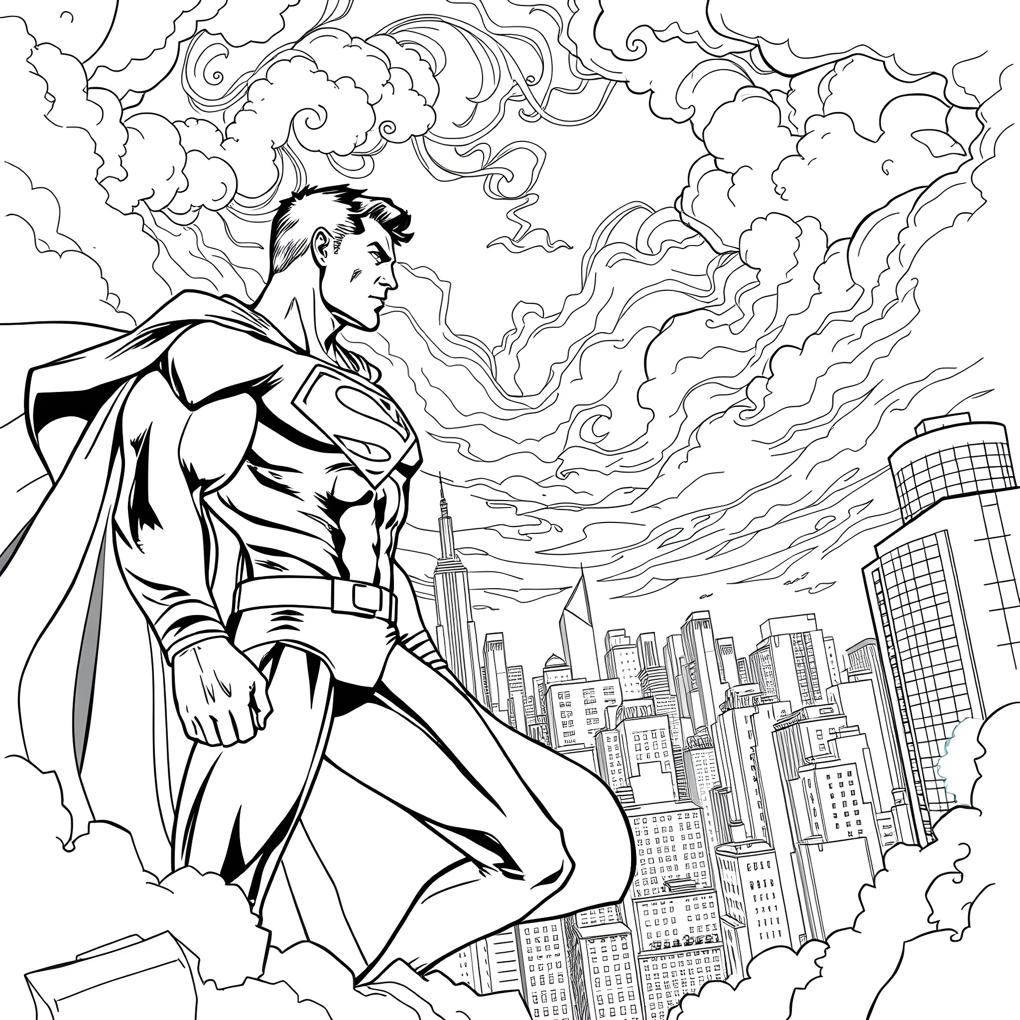 Superman surveying the city amid swirling clouds Coloring Page (free black-and-white line drawing printable PDF for all, from beginners to advanced learners, including children, teens, adults, and seniors)
