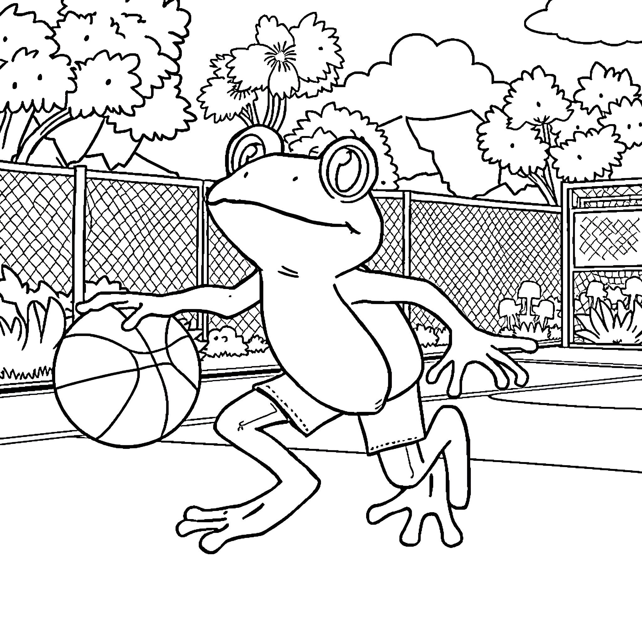 Keropi playing happily with a ball in the park Coloring Page (free black-and-white line drawing printable PDF for all, from beginners to advanced learners, including children, teens, adults, and seniors)