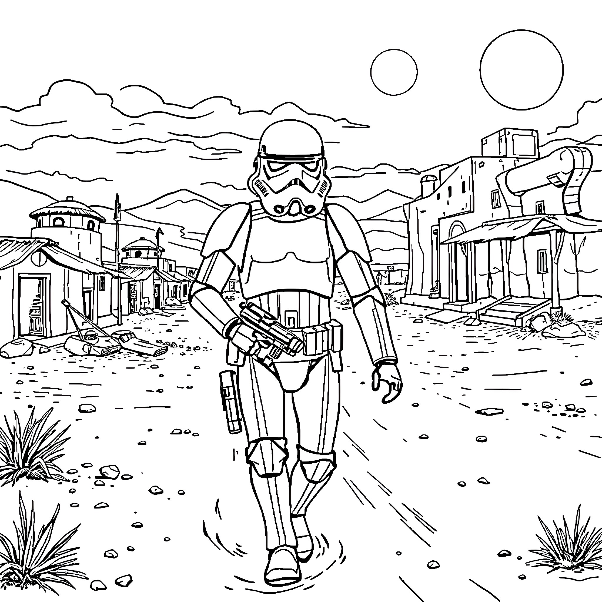Stormtrooper exploring the desert landscape Coloring Page (free black-and-white line drawing printable PDF for all, from beginners to advanced learners, including children, teens, adults, and seniors)
