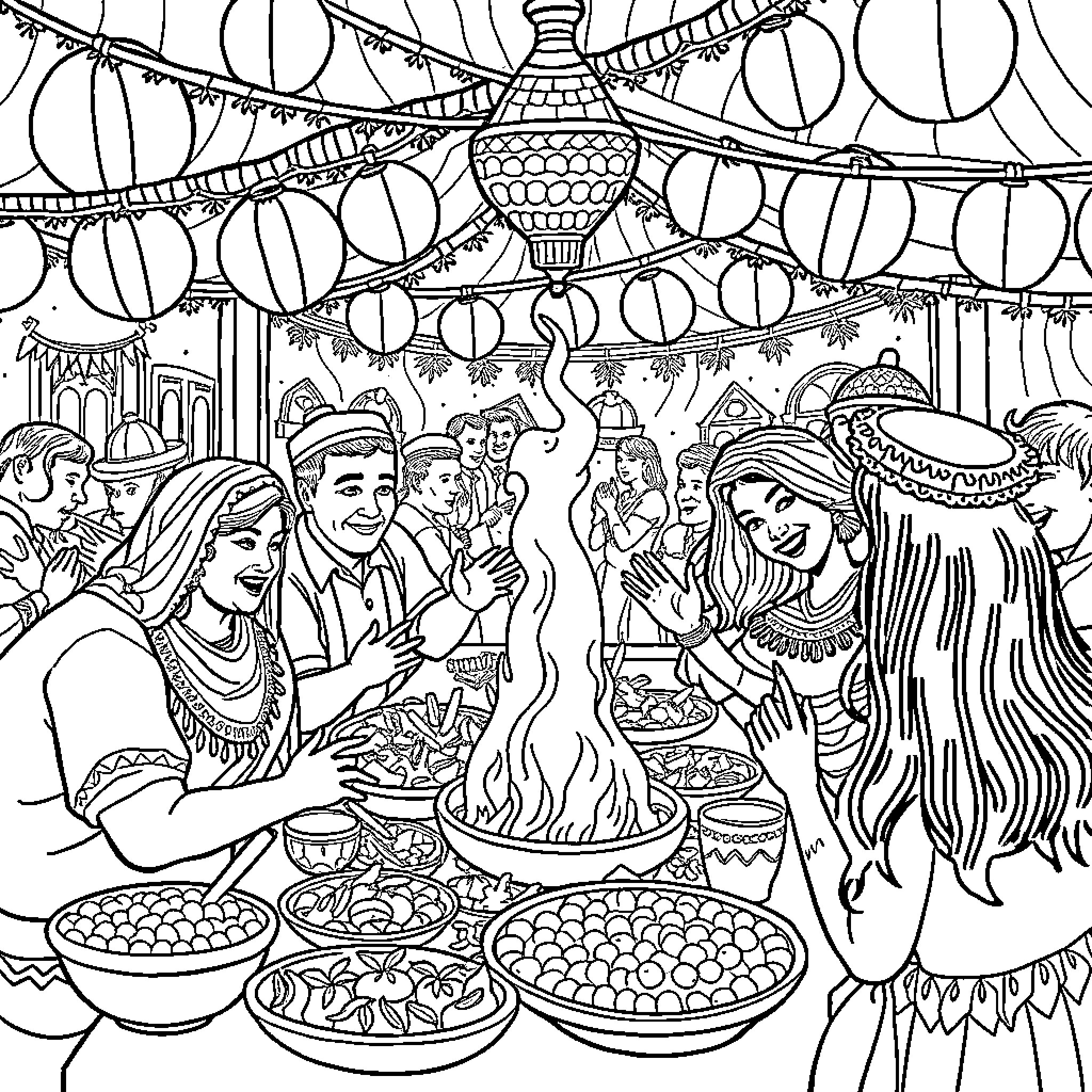 Sukkot celebration with joyful people and decorations Coloring Page (free black-and-white line drawing printable PDF for all, from beginners to advanced learners, including children, teens, adults, and seniors)