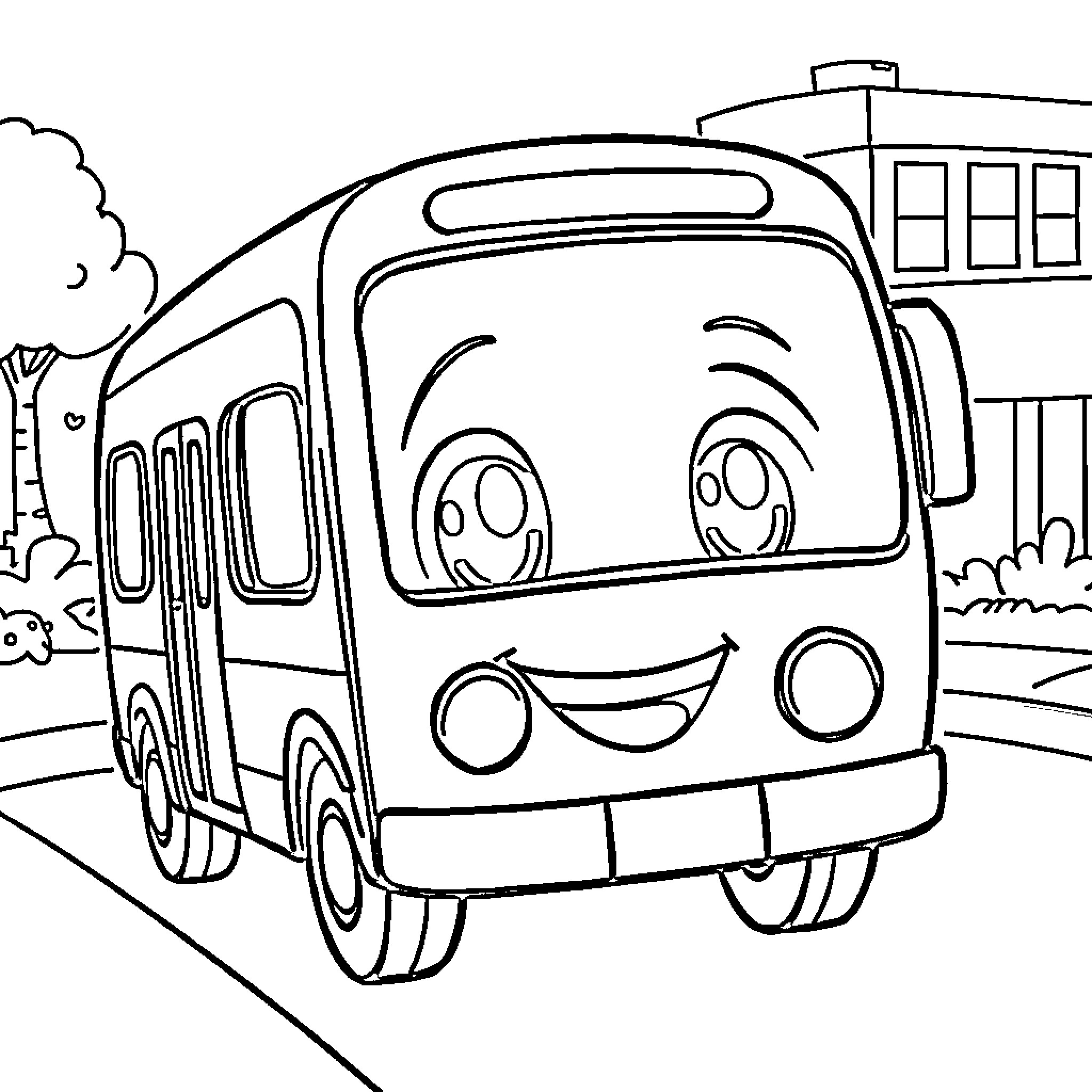 Tayo the Smiling Bus in the City Coloring Page (free black-and-white line drawing printable PDF for all, from beginners to advanced learners, including children, teens, adults, and seniors)