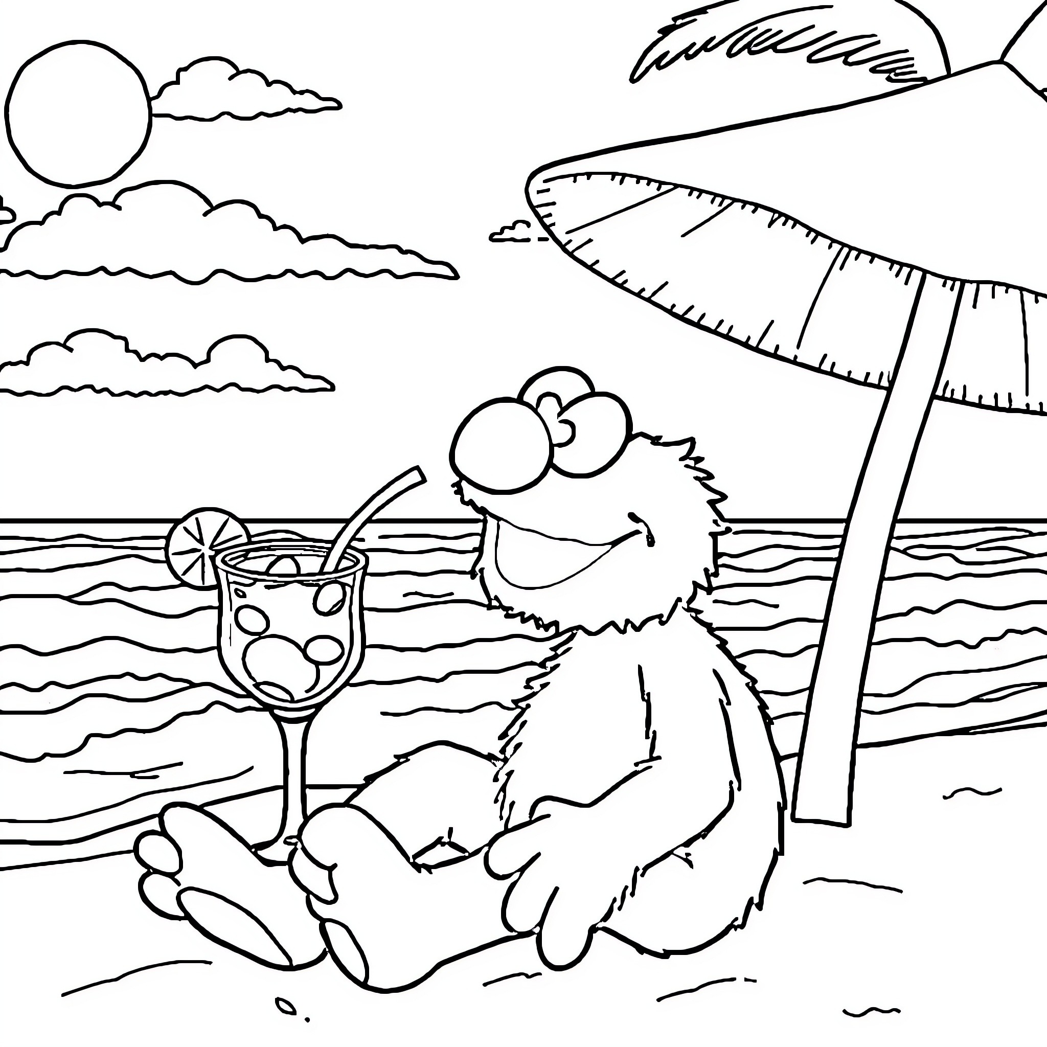 Elmo relaxing on the beach with a drink Coloring Page (free black-and-white line drawing printable PDF for all, from beginners to advanced learners, including children, teens, adults, and seniors)