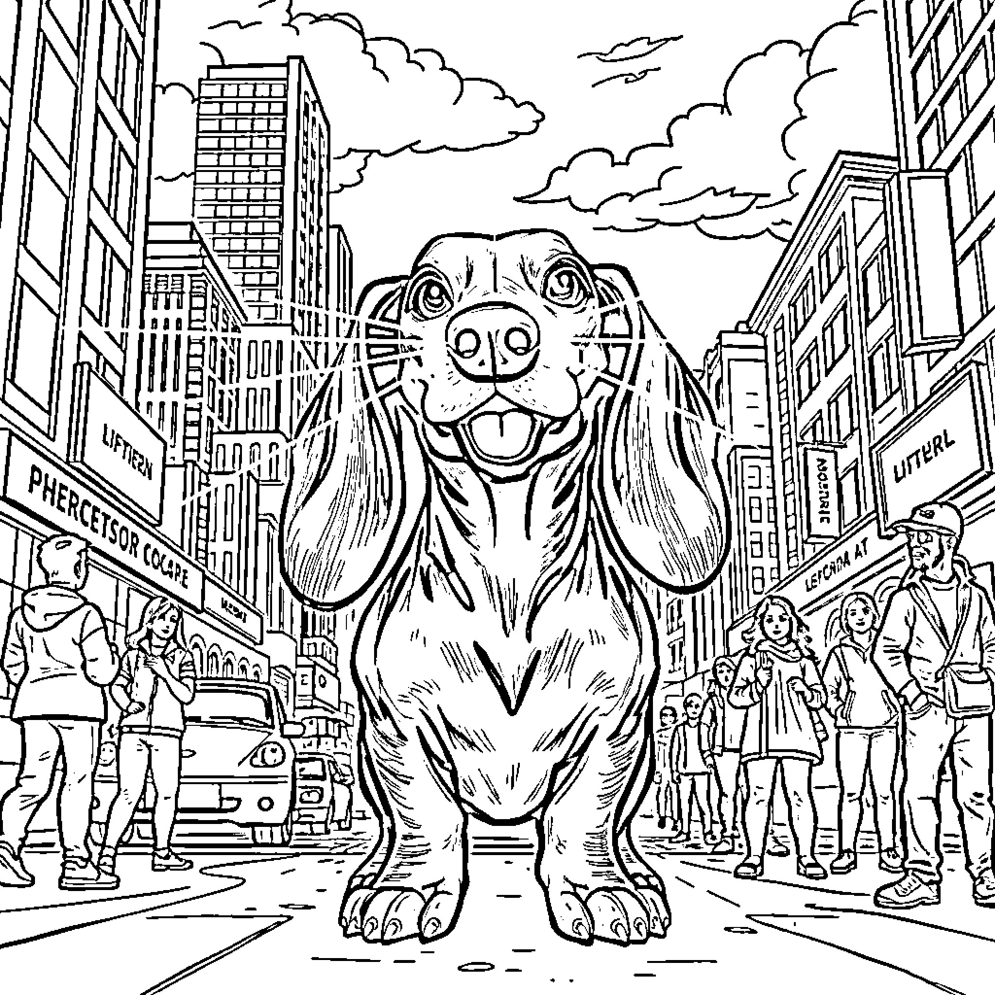 Dachshund exploring the lively city streets Coloring Page (free black-and-white line drawing printable PDF for all, from beginners to advanced learners, including children, teens, adults, and seniors)