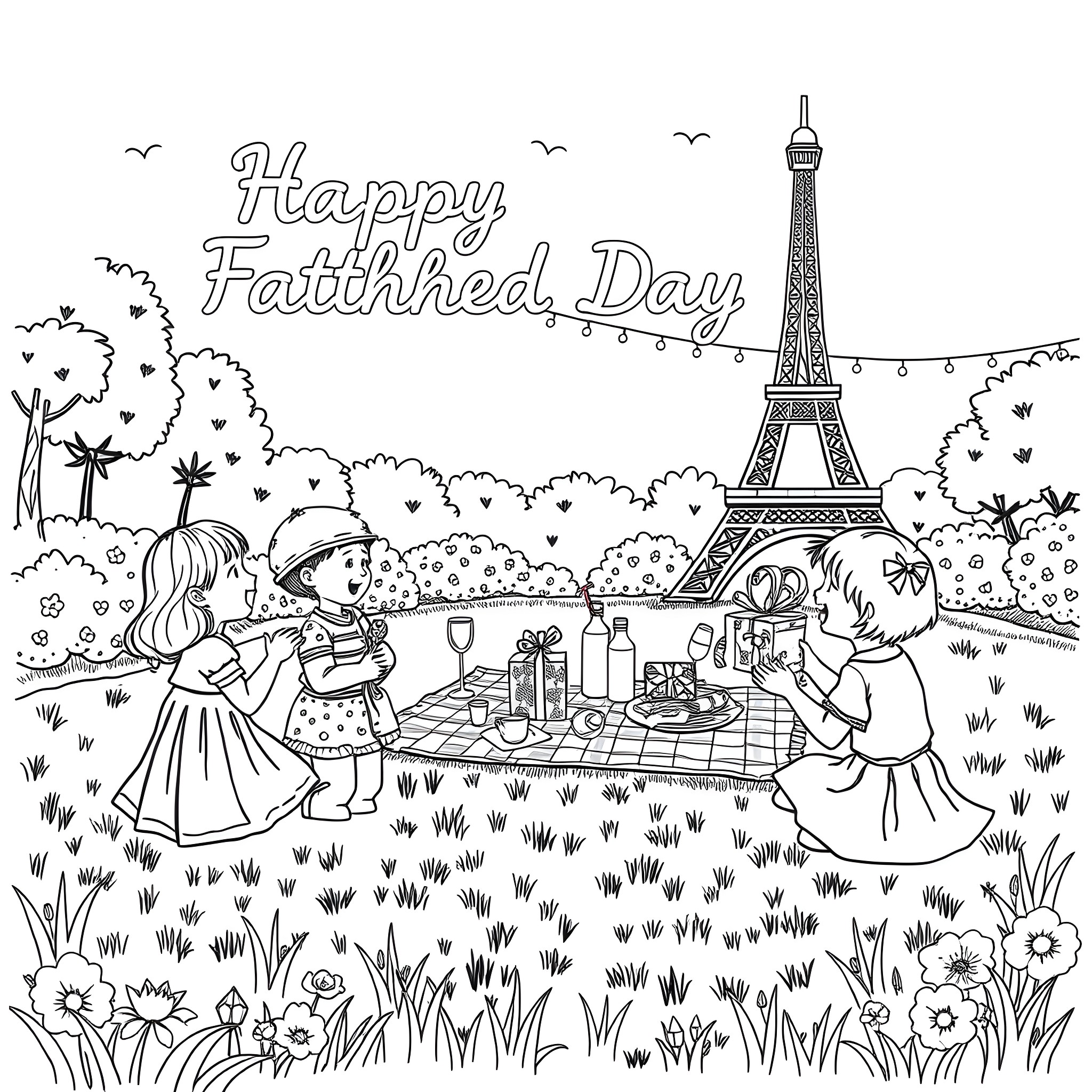 Father and children enjoying a picnic in Paris Coloring Page (free black-and-white line drawing printable PDF for all, from beginners to advanced learners, including children, teens, adults, and seniors)