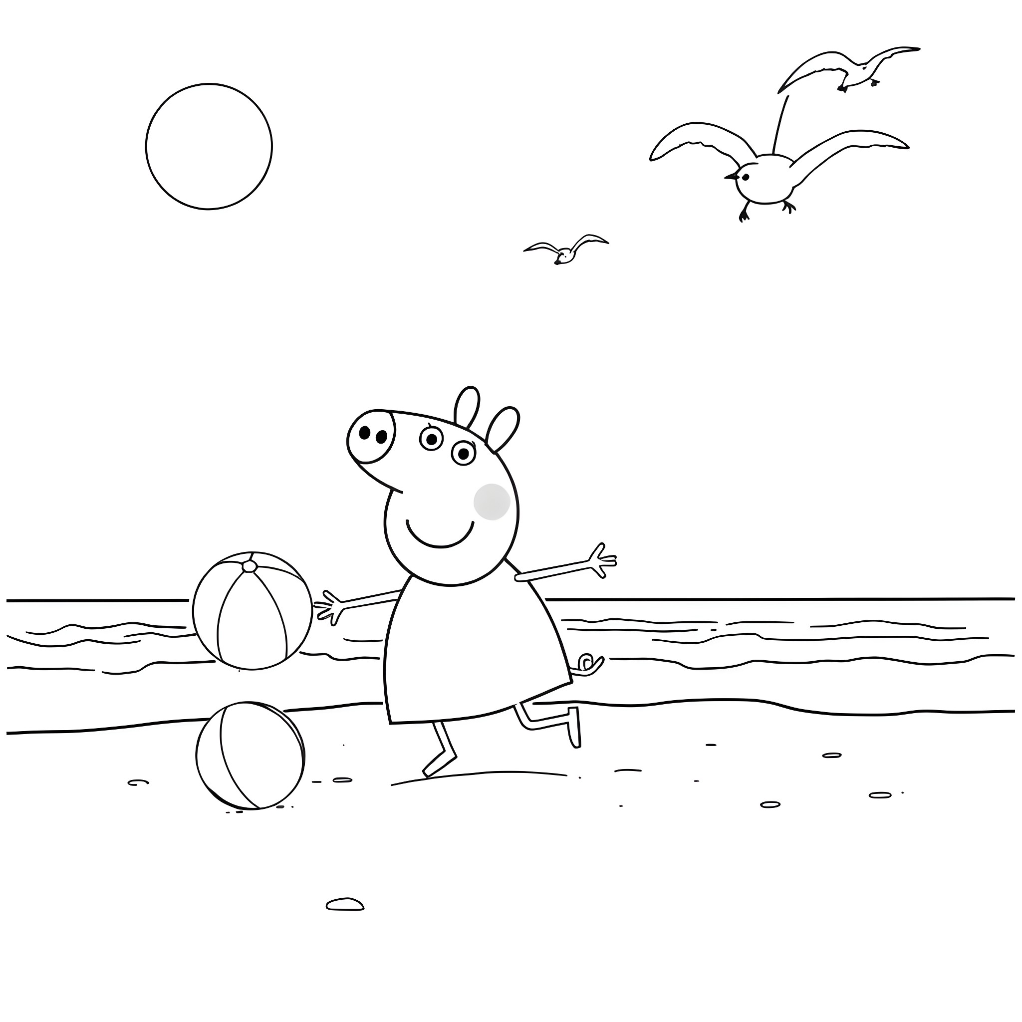Peppa Pig playing on the beach with friends Coloring Page (free black-and-white line drawing printable PDF for all, from beginners to advanced learners, including children, teens, adults, and seniors)