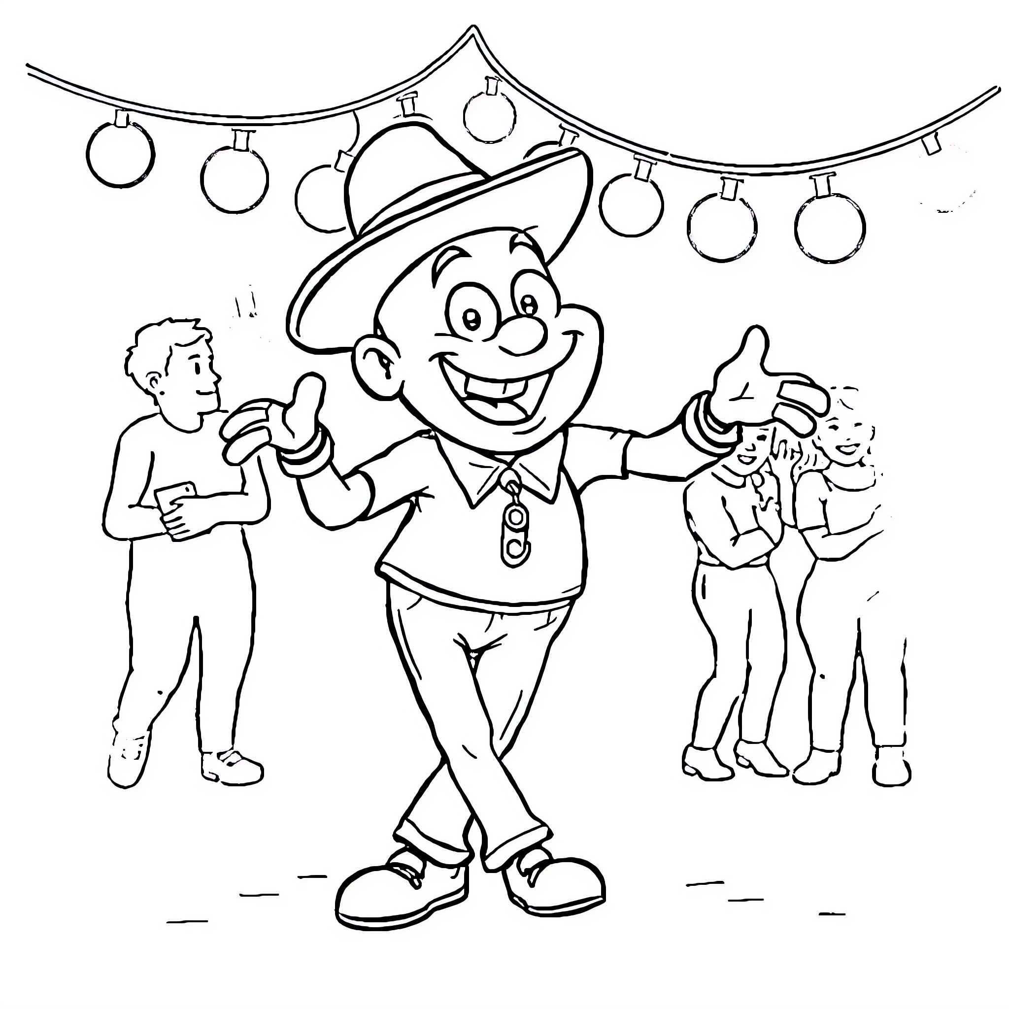 Bob esponja celebrating with friends under party lights Coloring Page (free black-and-white line drawing printable PDF for all, from beginners to advanced learners, including children, teens, adults, and seniors)