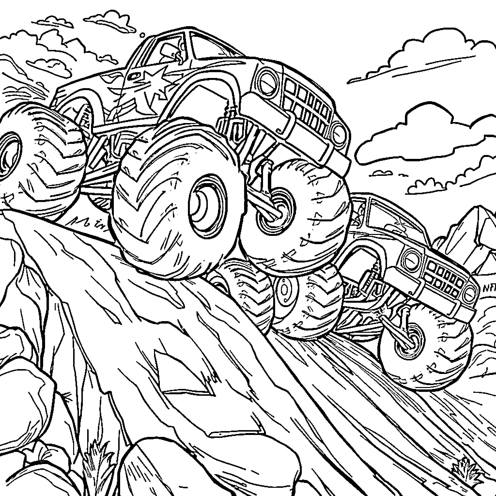 Monster Truck Jumps Over Rugged Terrain Coloring Page (free black-and-white line drawing printable PDF for all, from beginners to advanced learners, including children, teens, adults, and seniors)