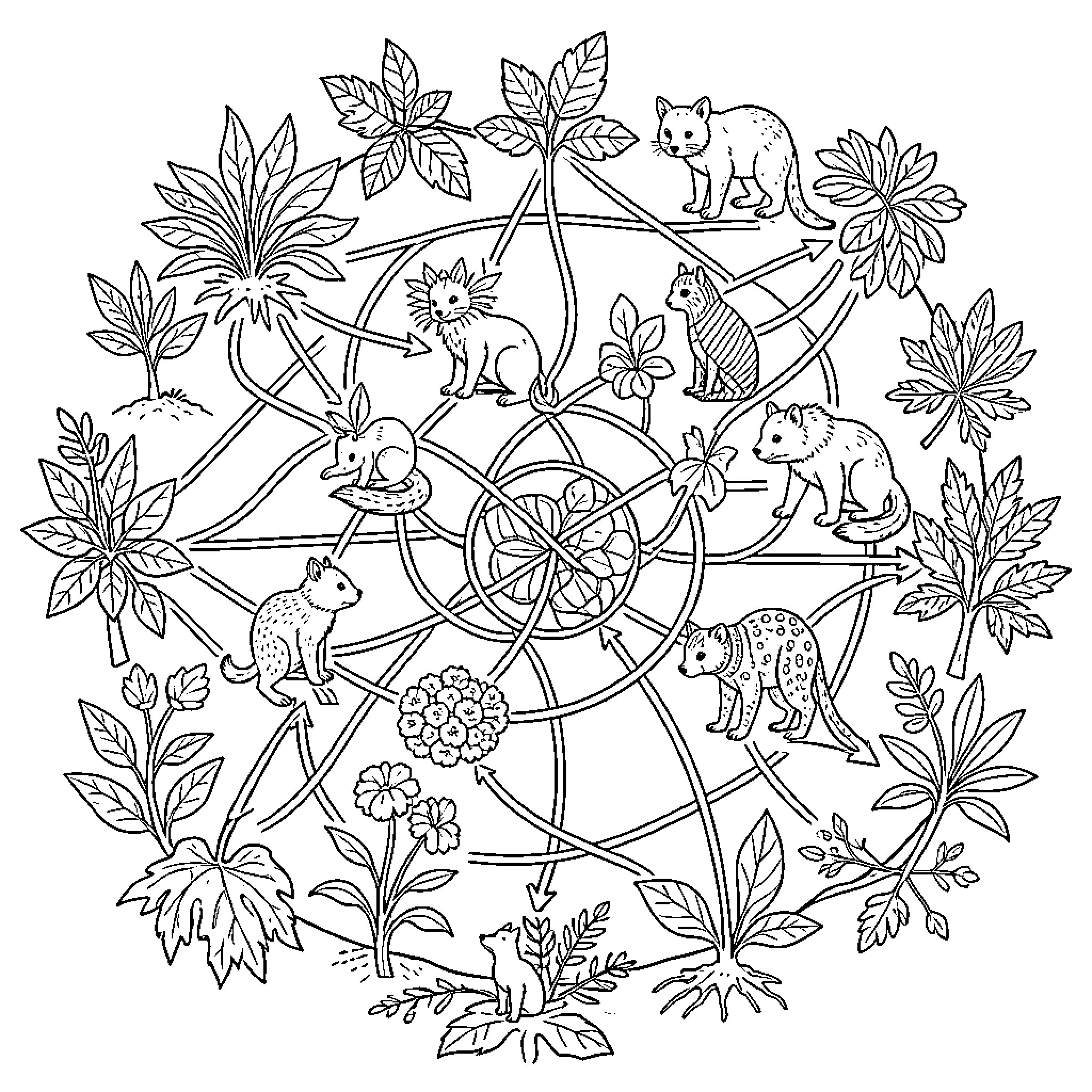 Food Web of Forest Creatures Coloring Page (free black-and-white line drawing printable PDF for all, from beginners to advanced learners, including children, teens, adults, and seniors)