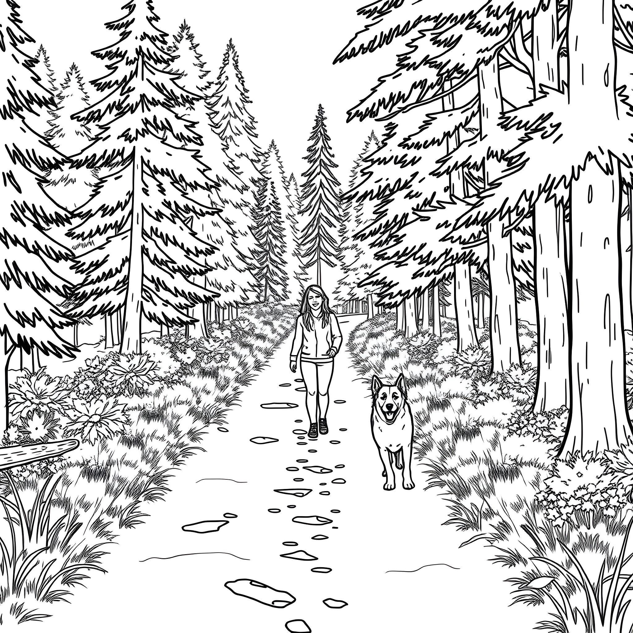 Dog and owner walking on forest trail Coloring Page (free black-and-white line drawing printable PDF for all, from beginners to advanced learners, including children, teens, adults, and seniors)