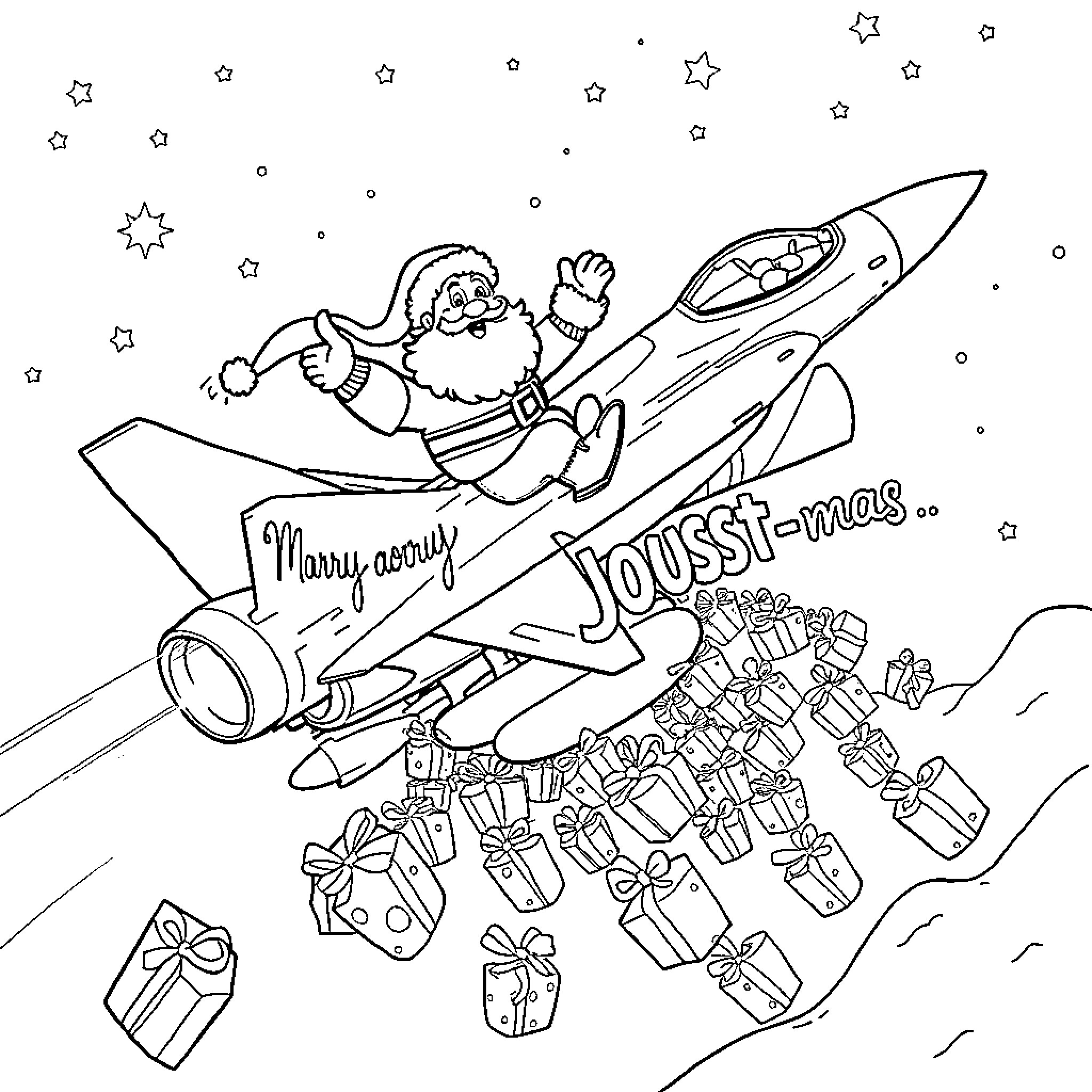 Santa Riding a Rocket Sleigh Amidst Presents Coloring Page (free black-and-white line drawing printable PDF for all, from beginners to advanced learners, including children, teens, adults, and seniors)