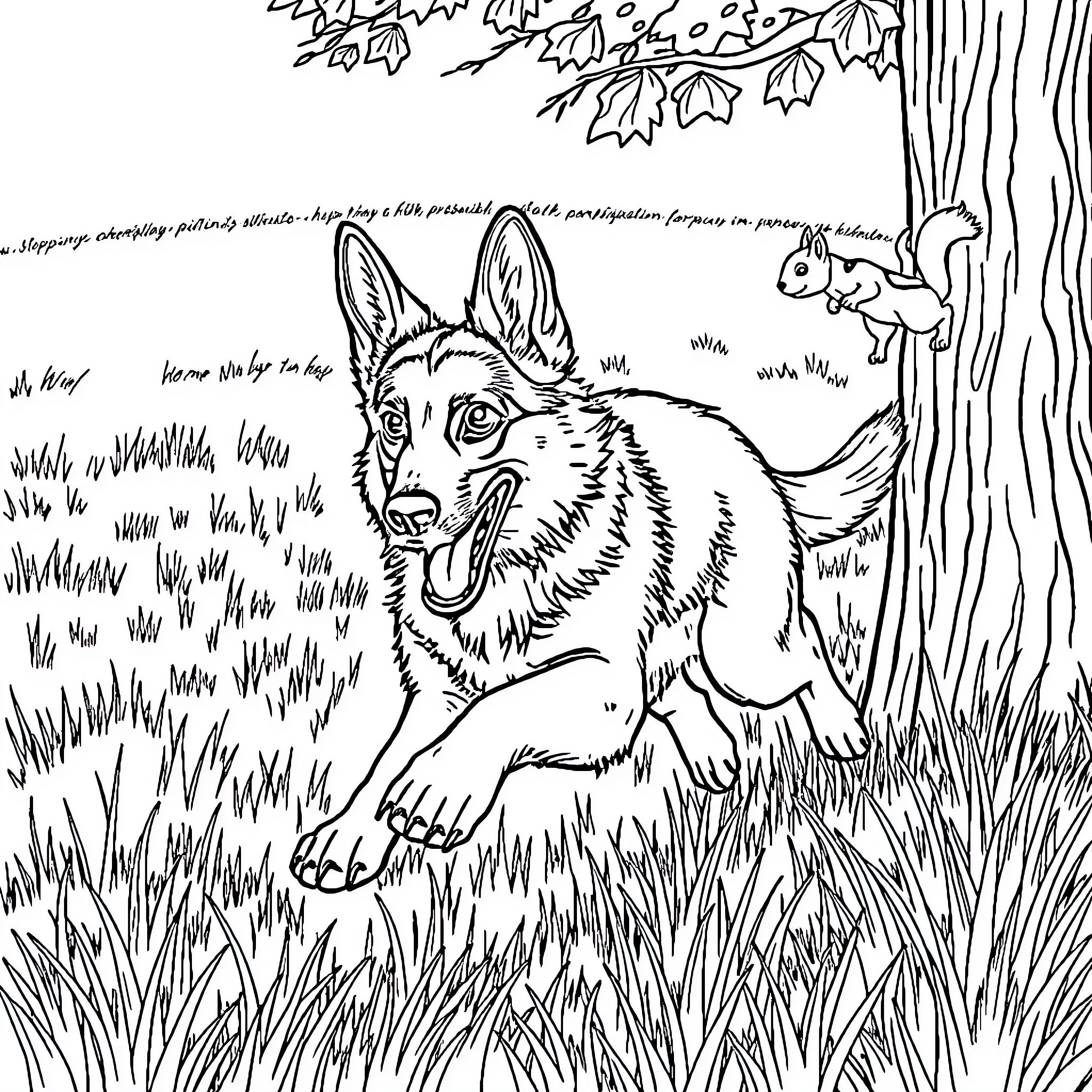 German Shepherd Exploring the Peaceful Forest Landscape Coloring Page (free black-and-white line drawing printable PDF for all, from beginners to advanced learners, including children, teens, adults, and seniors)