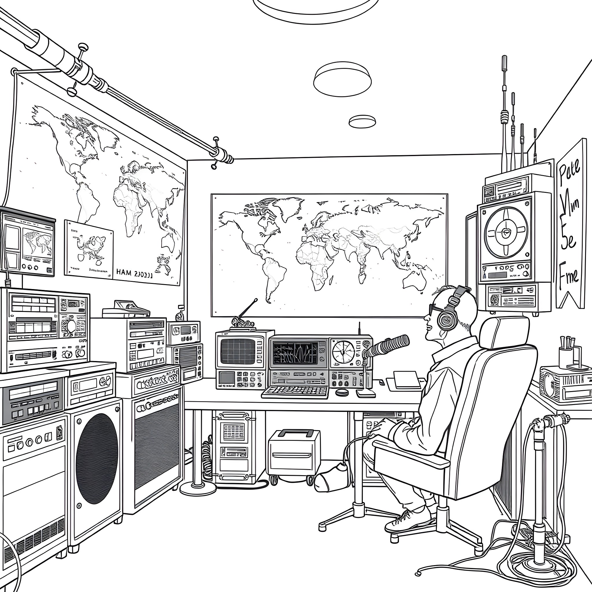 Ham Radio Operator's Workspace with World Map Coloring Page (free black-and-white line drawing printable PDF for all, from beginners to advanced learners, including children, teens, adults, and seniors)