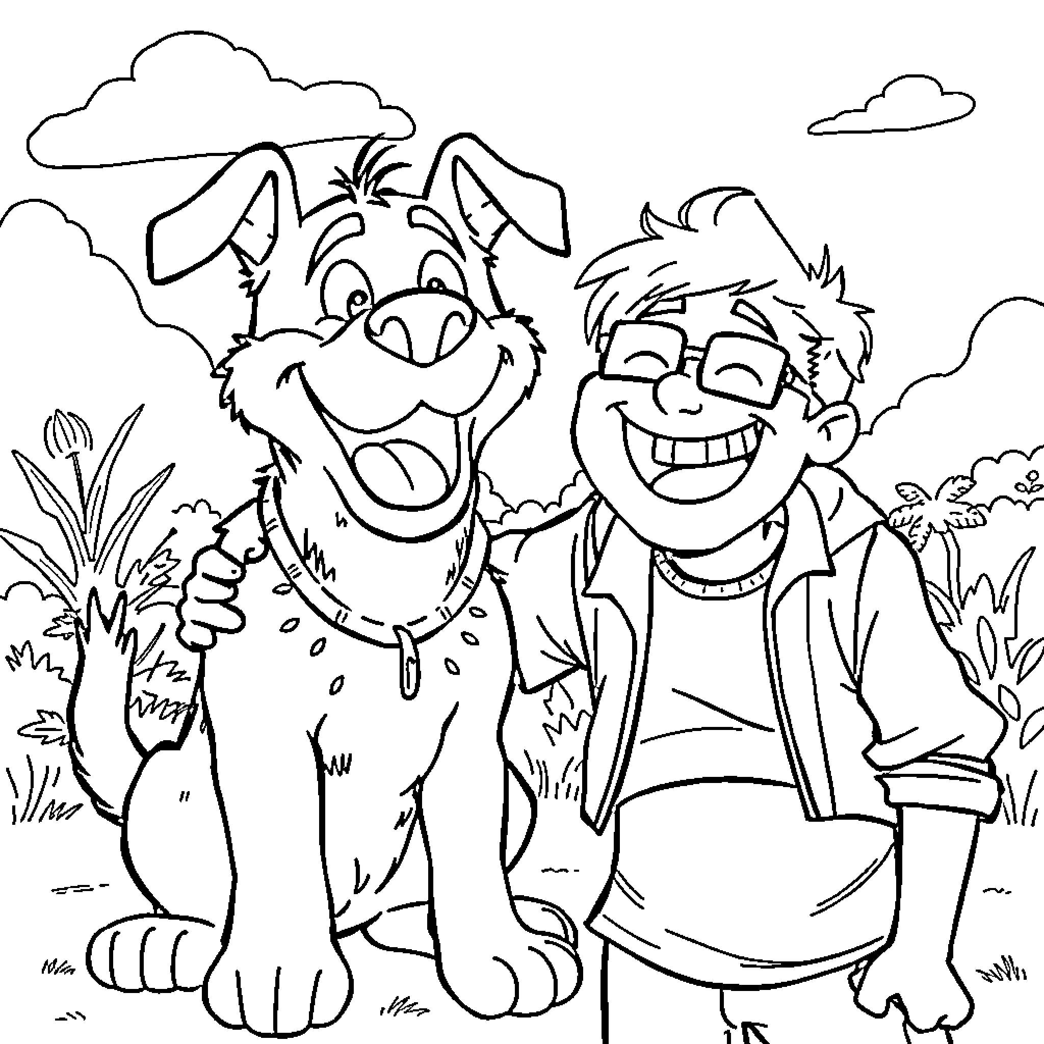 Muttley and the Jovial Boy in Nature Coloring Page (free black-and-white line drawing printable PDF for all, from beginners to advanced learners, including children, teens, adults, and seniors)