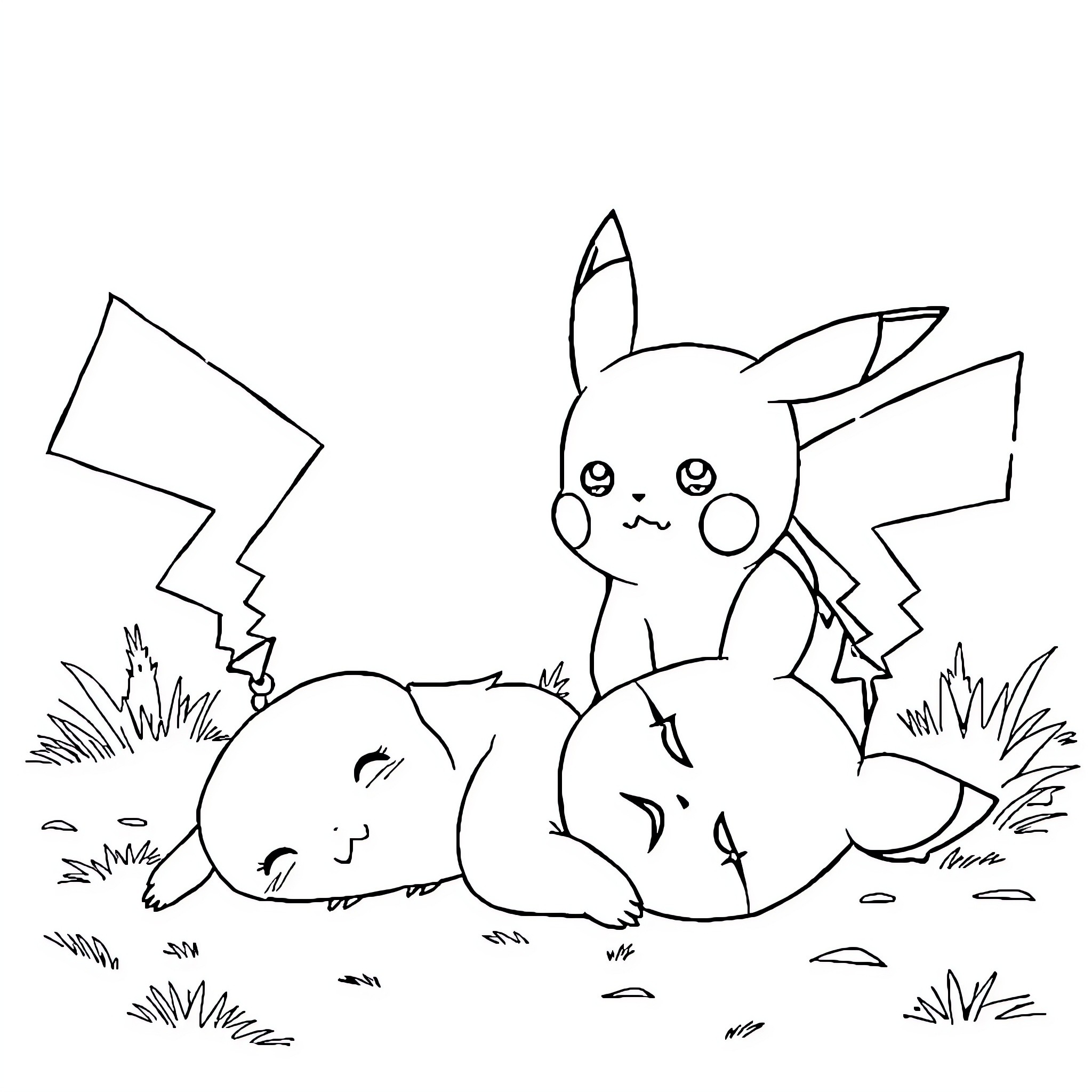 Pikachu watching over a sleeping Snorlax in the meadow Coloring Page (free black-and-white line drawing printable PDF for all, from beginners to advanced learners, including children, teens, adults, and seniors)