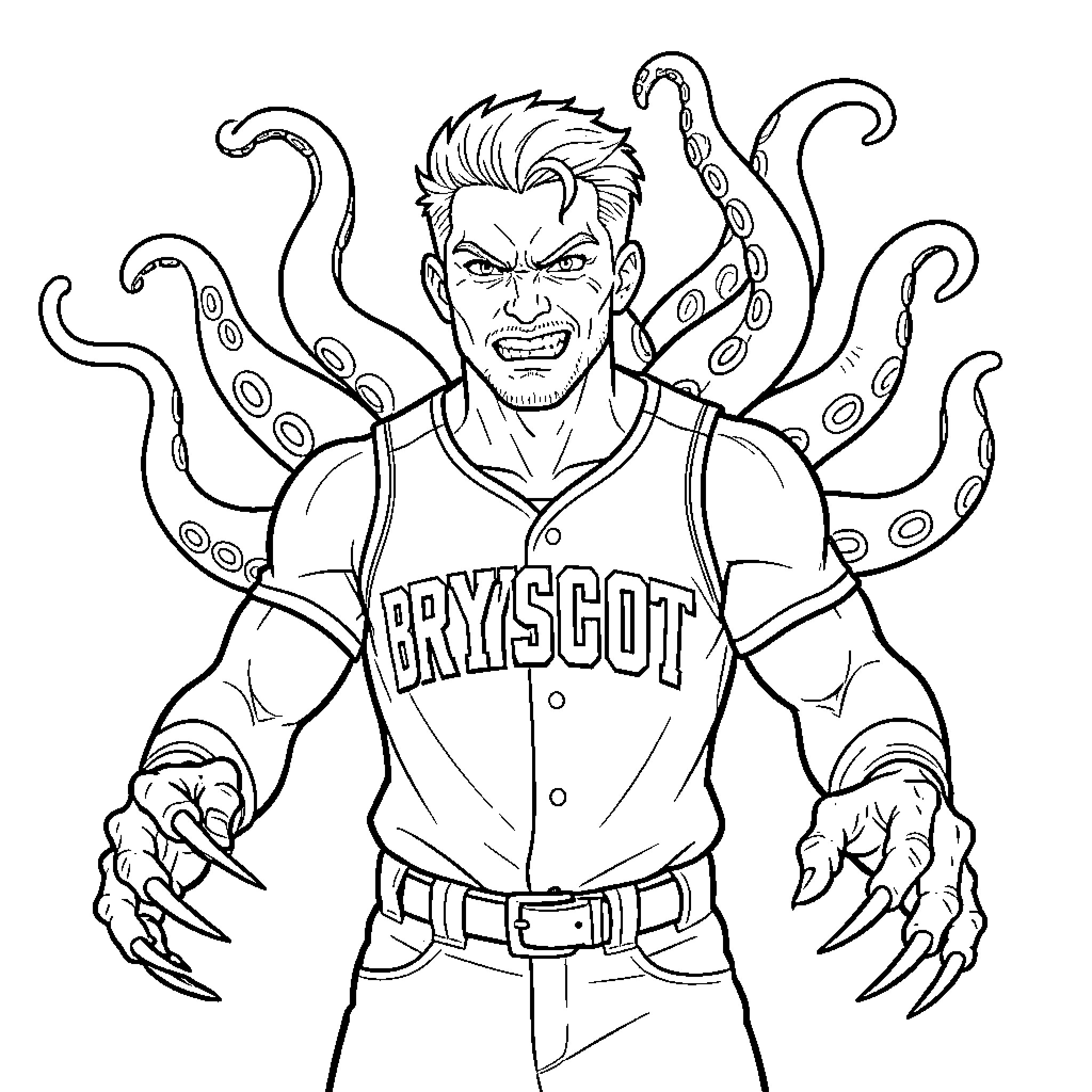 Demon man with tentacles and sharp claws Coloring Page (free black-and-white line drawing printable PDF for all, from beginners to advanced learners, including children, teens, adults, and seniors)