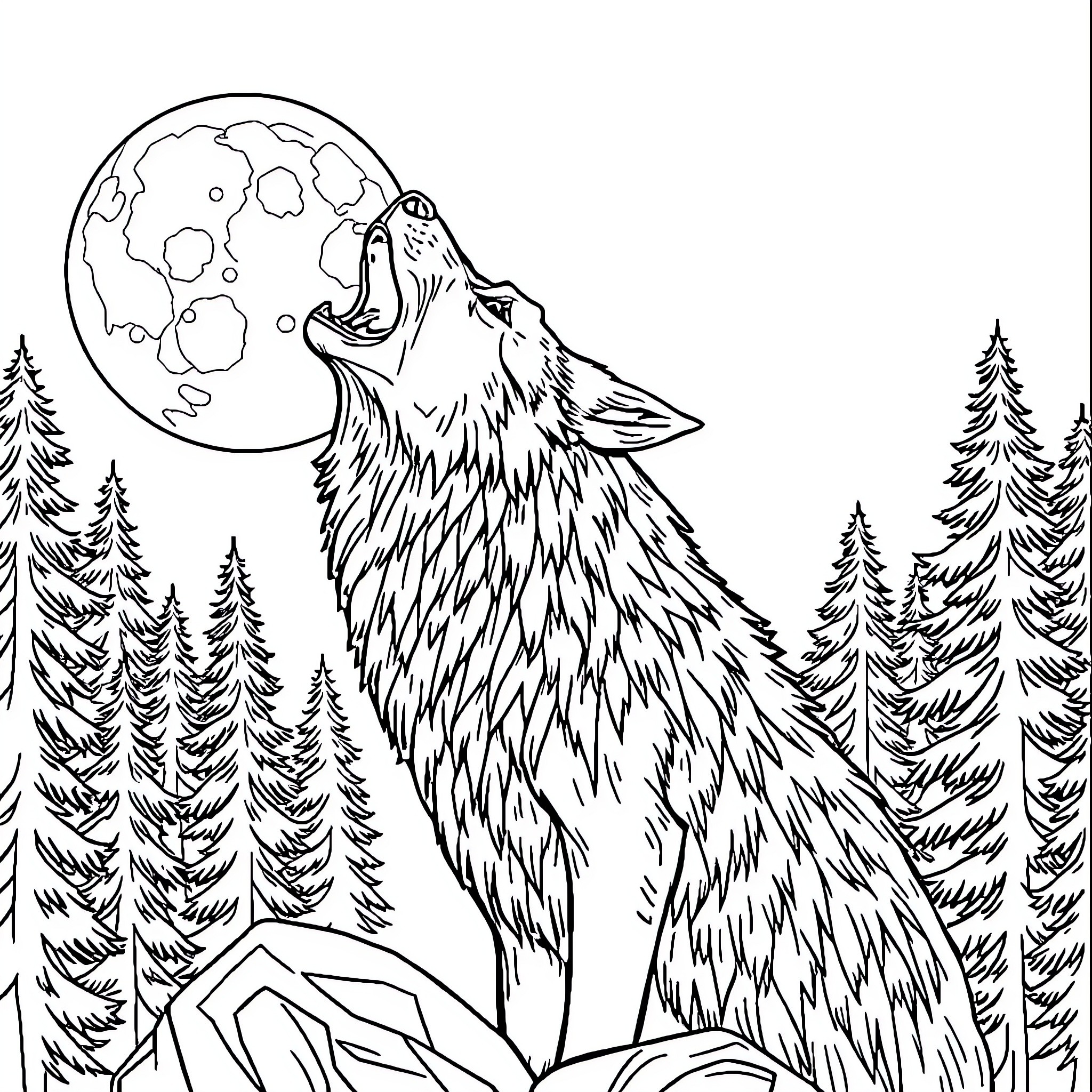 Wolf howling at the moon in the forest Coloring Page (free black-and-white line drawing printable PDF for all, from beginners to advanced learners, including children, teens, adults, and seniors)