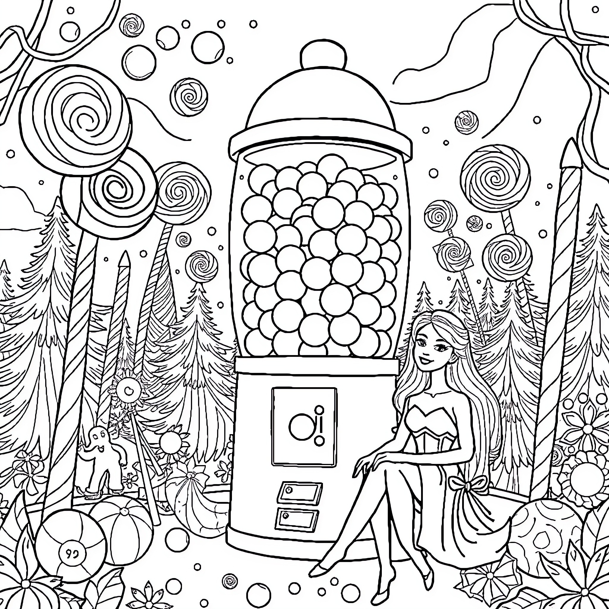 Bubble Gum Machine with Magical Elements Coloring Page (free black-and-white line drawing printable PDF for all, from beginners to advanced learners, including children, teens, adults, and seniors)