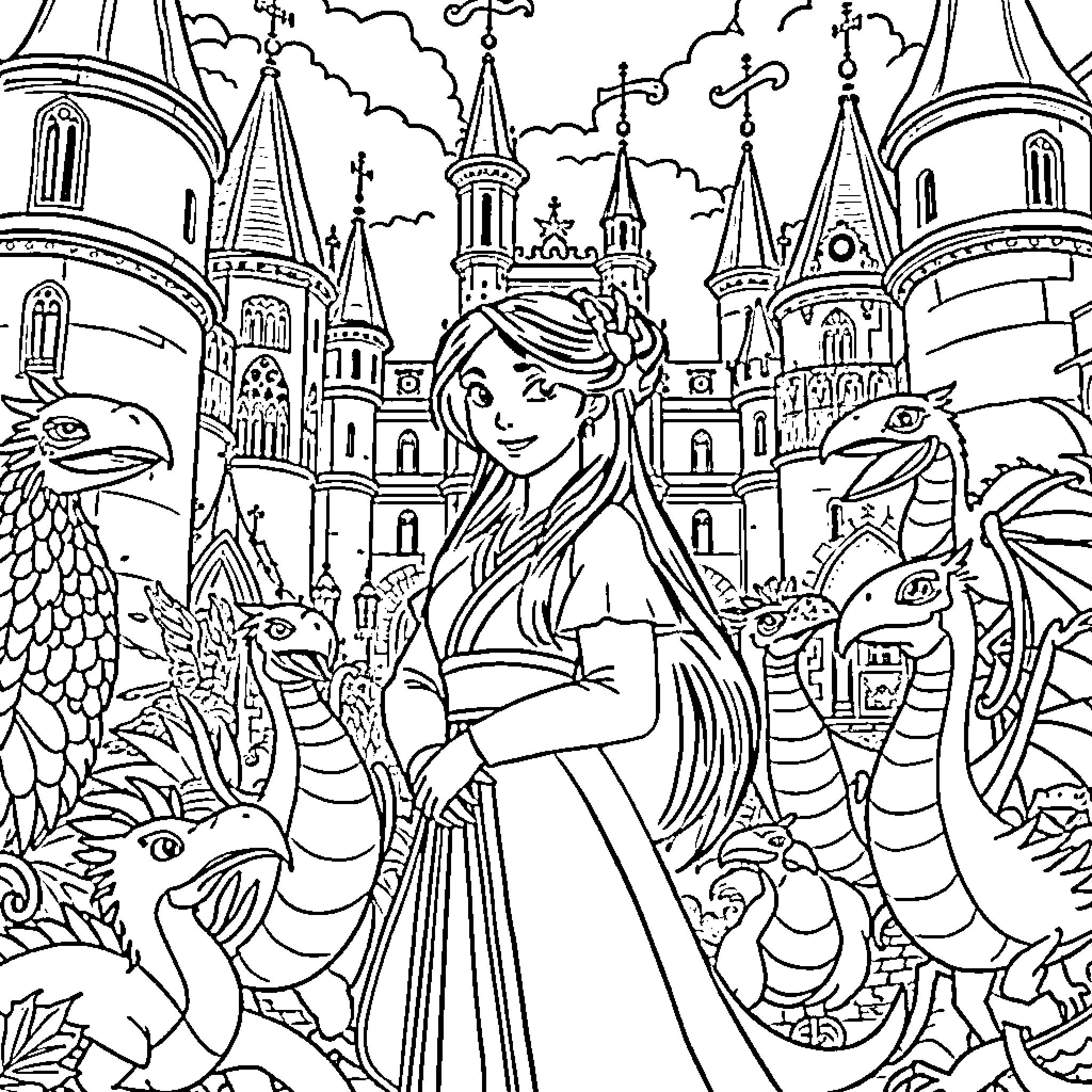Mulan exploring the enchanted castle with mythical creatures Coloring Page (free black-and-white line drawing printable PDF for all, from beginners to advanced learners, including children, teens, adults, and seniors)