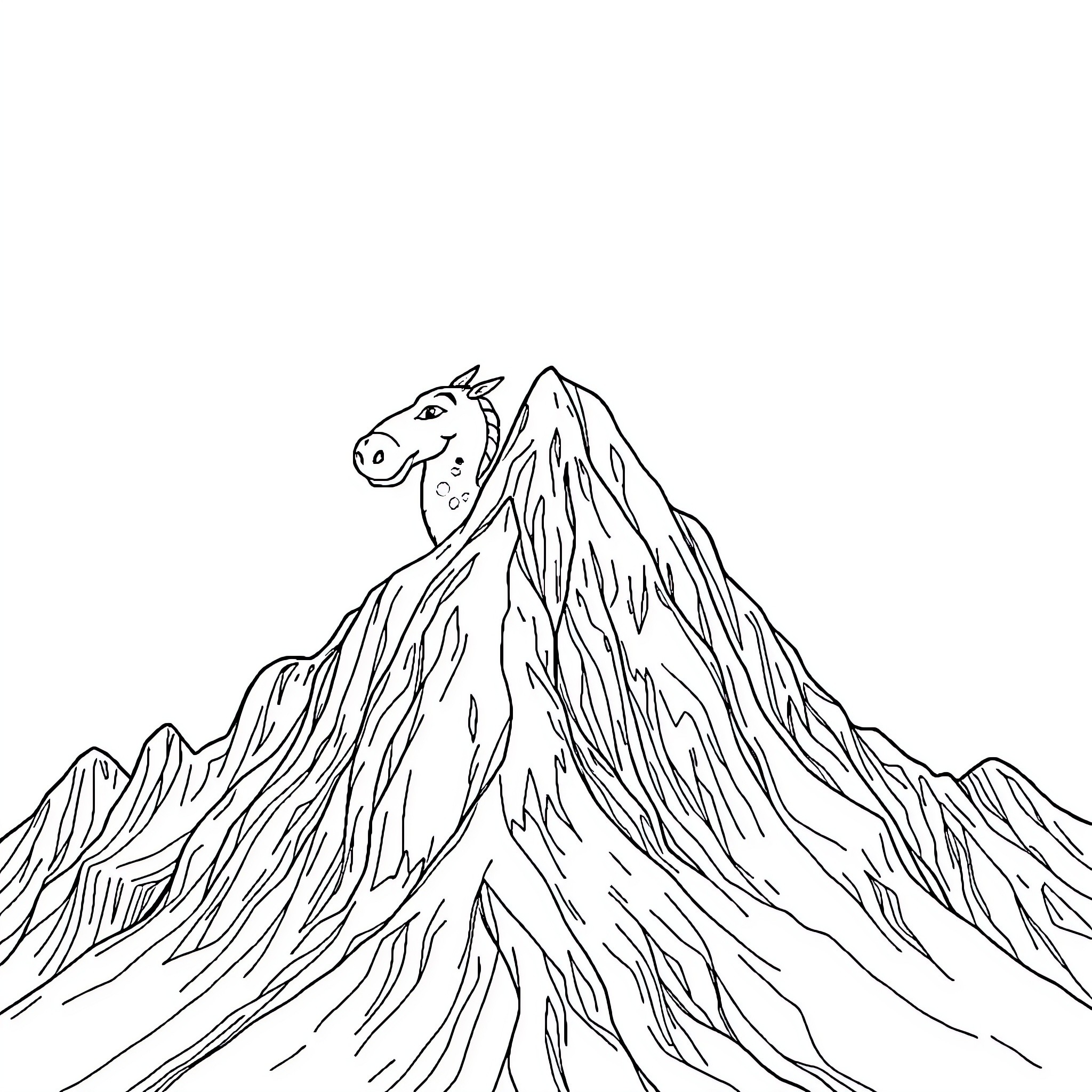 Tralalero - Horse head peeking over mountain peaks Coloring Page (free black-and-white line drawing printable PDF for all, from beginners to advanced learners, including children, teens, adults, and seniors)