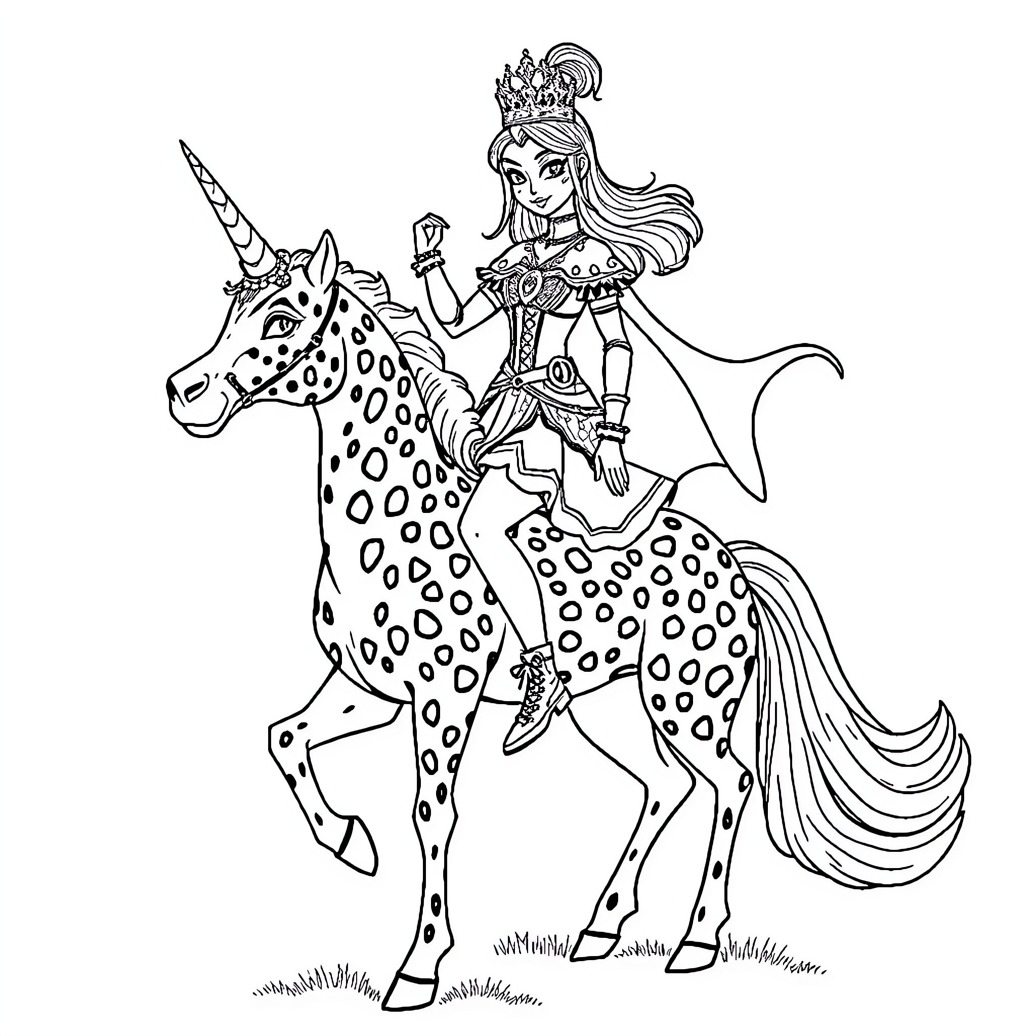 Wednesday Addams riding a magical unicorn Coloring Page (free black-and-white line drawing printable PDF for all, from beginners to advanced learners, including children, teens, adults, and seniors)