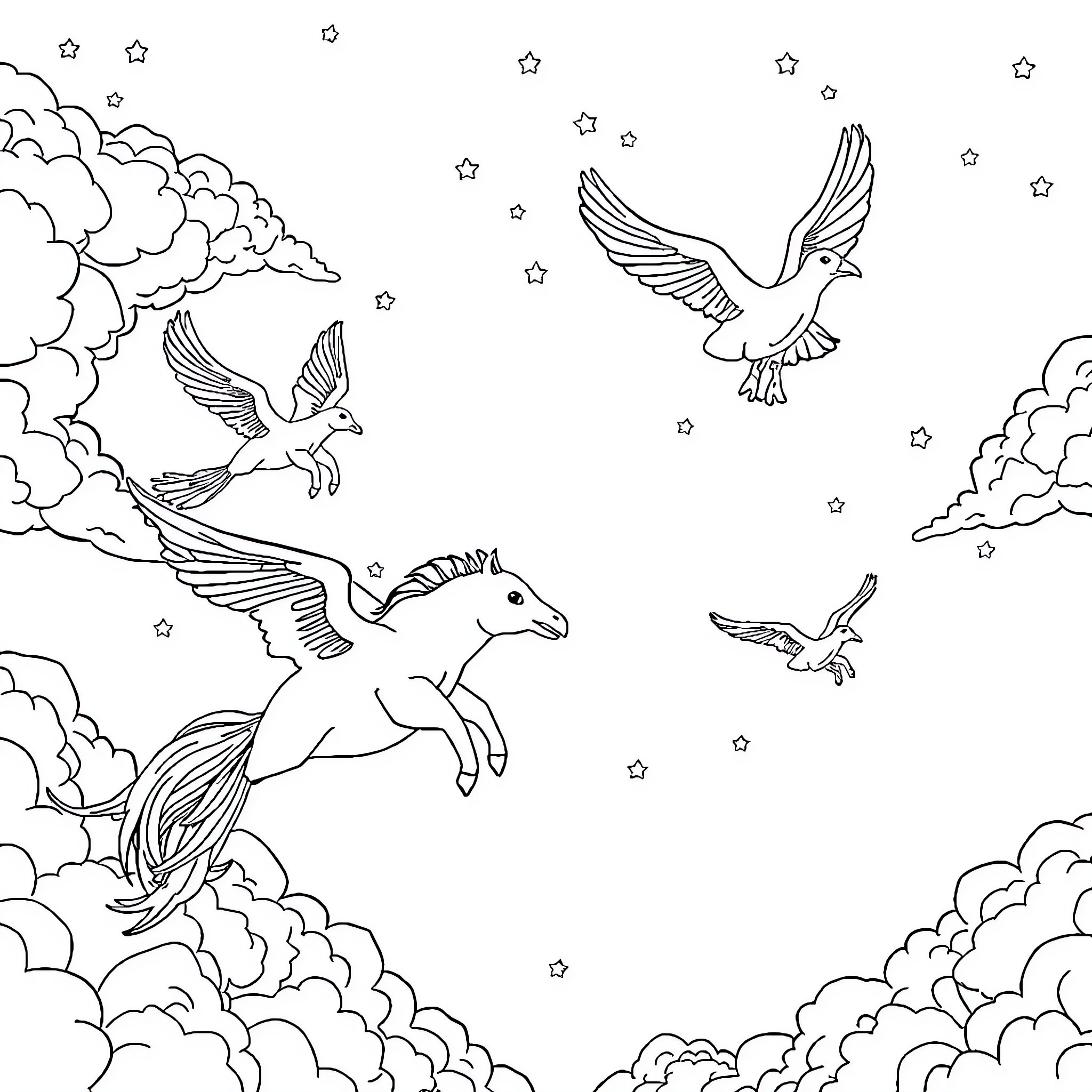 Unicorn flying with magical creatures in the starry sky Coloring Page (free black-and-white line drawing printable PDF for all, from beginners to advanced learners, including children, teens, adults, and seniors)