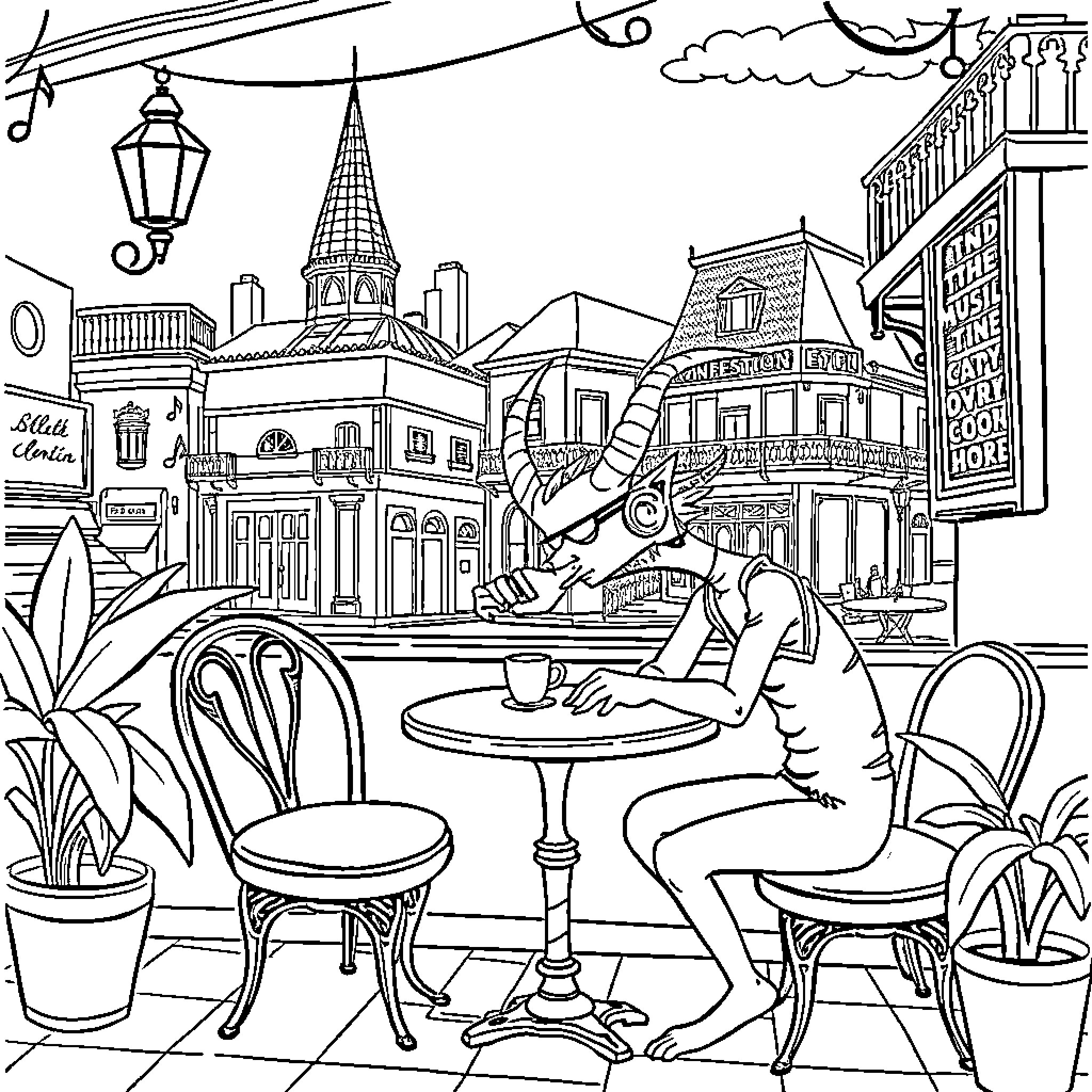 Alastor sipping coffee at a quaint cafe Coloring Page (free black-and-white line drawing printable PDF for all, from beginners to advanced learners, including children, teens, adults, and seniors)