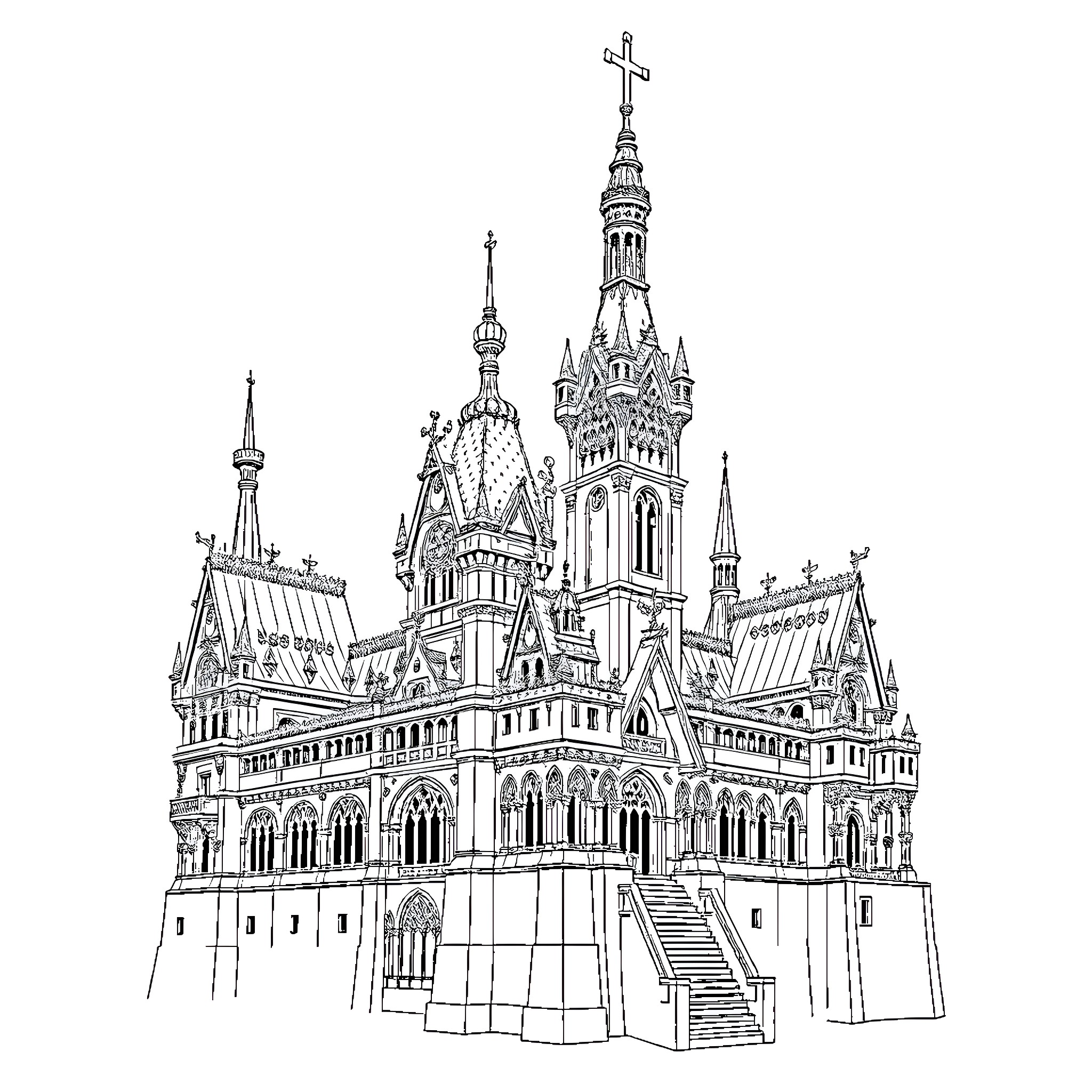 Building with Ornate Gothic Architecture and Spires Coloring Page (free black-and-white line drawing printable PDF for all, from beginners to advanced learners, including children, teens, adults, and seniors)