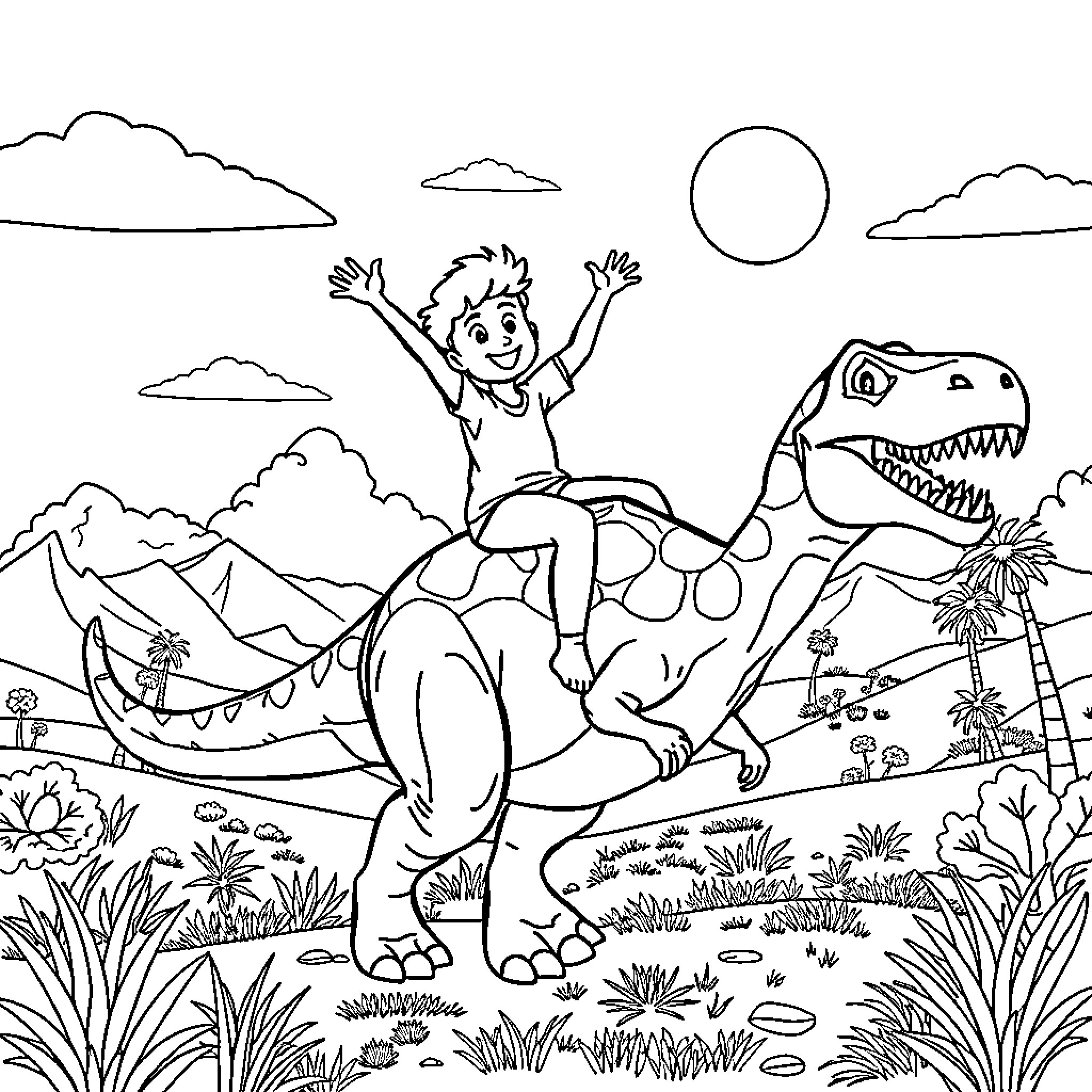 Avatar riding a dinosaur in the jungle Coloring Page (free black-and-white line drawing printable PDF for all, from beginners to advanced learners, including children, teens, adults, and seniors)