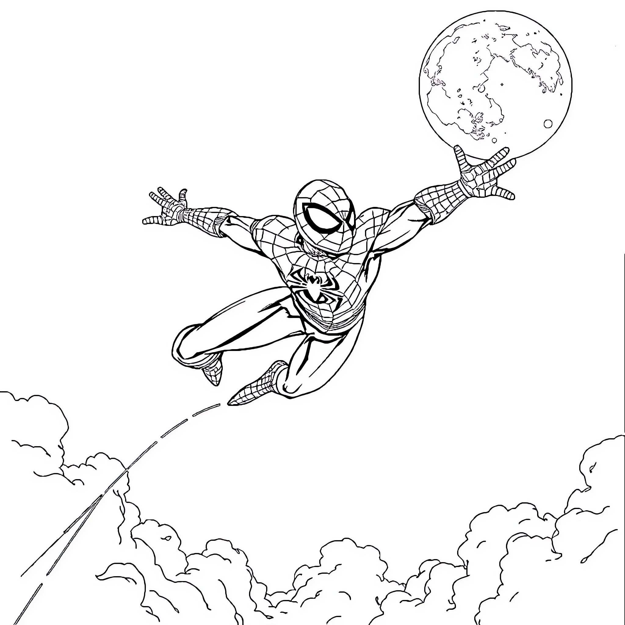 Spider-Man swinging through the sky with the Earth in the background Coloring Page (free black-and-white line drawing printable PDF for all, from beginners to advanced learners, including children, teens, adults, and seniors)
