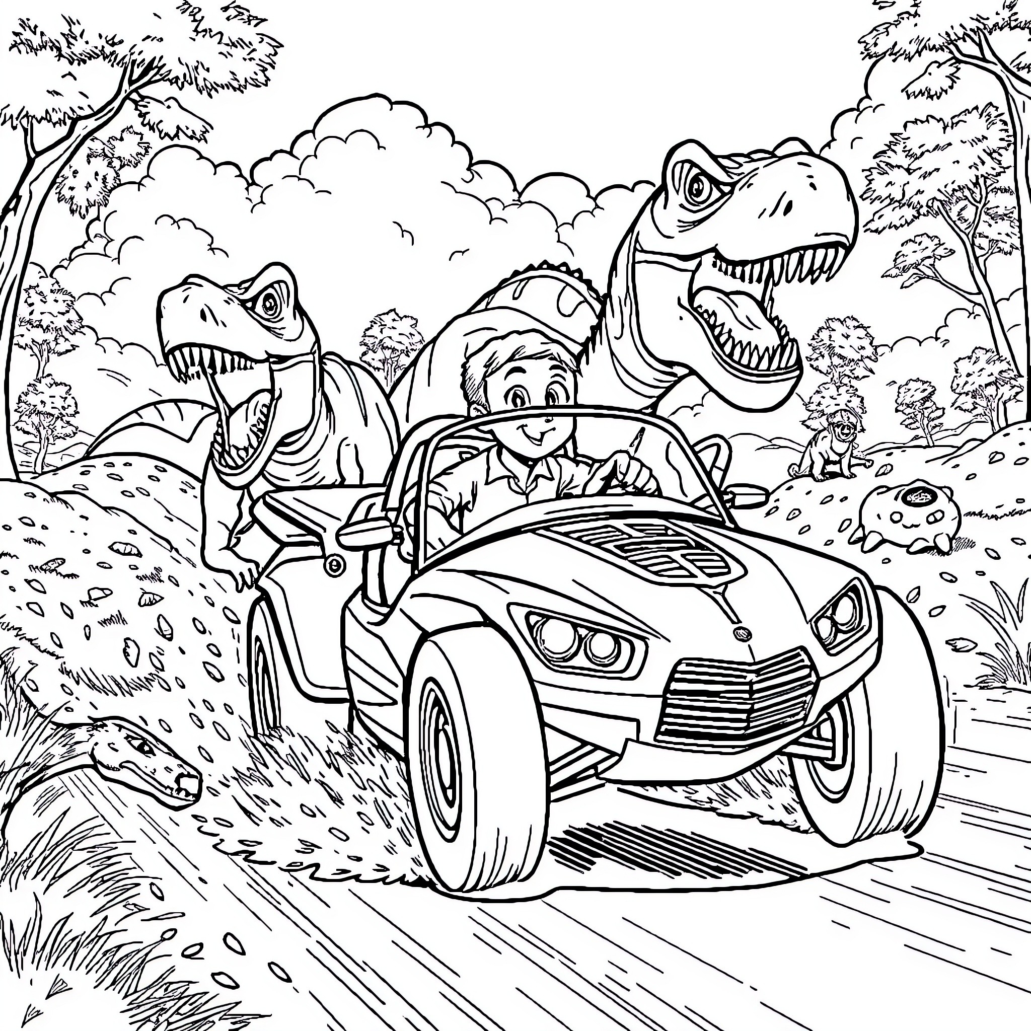 Chase through the Dinosaur Jungle Coloring Page (free black-and-white line drawing printable PDF for all, from beginners to advanced learners, including children, teens, adults, and seniors)