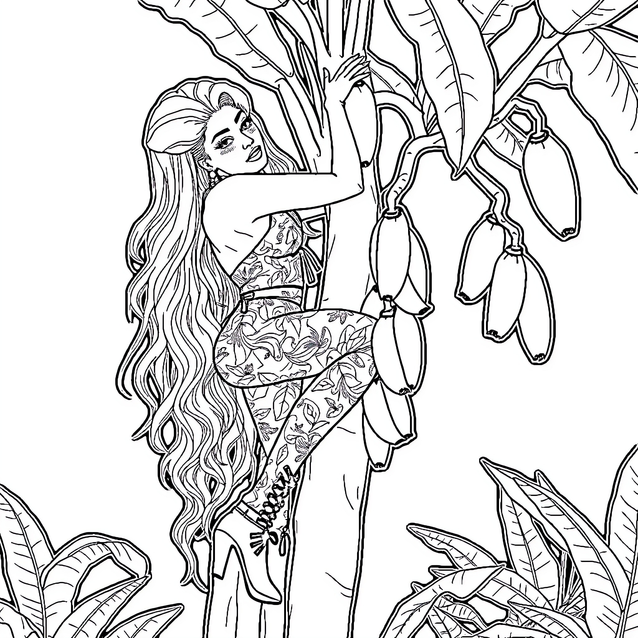 Lady Gaga in a Tropical Floral Outfit Coloring Page (free black-and-white line drawing printable PDF for all, from beginners to advanced learners, including children, teens, adults, and seniors)