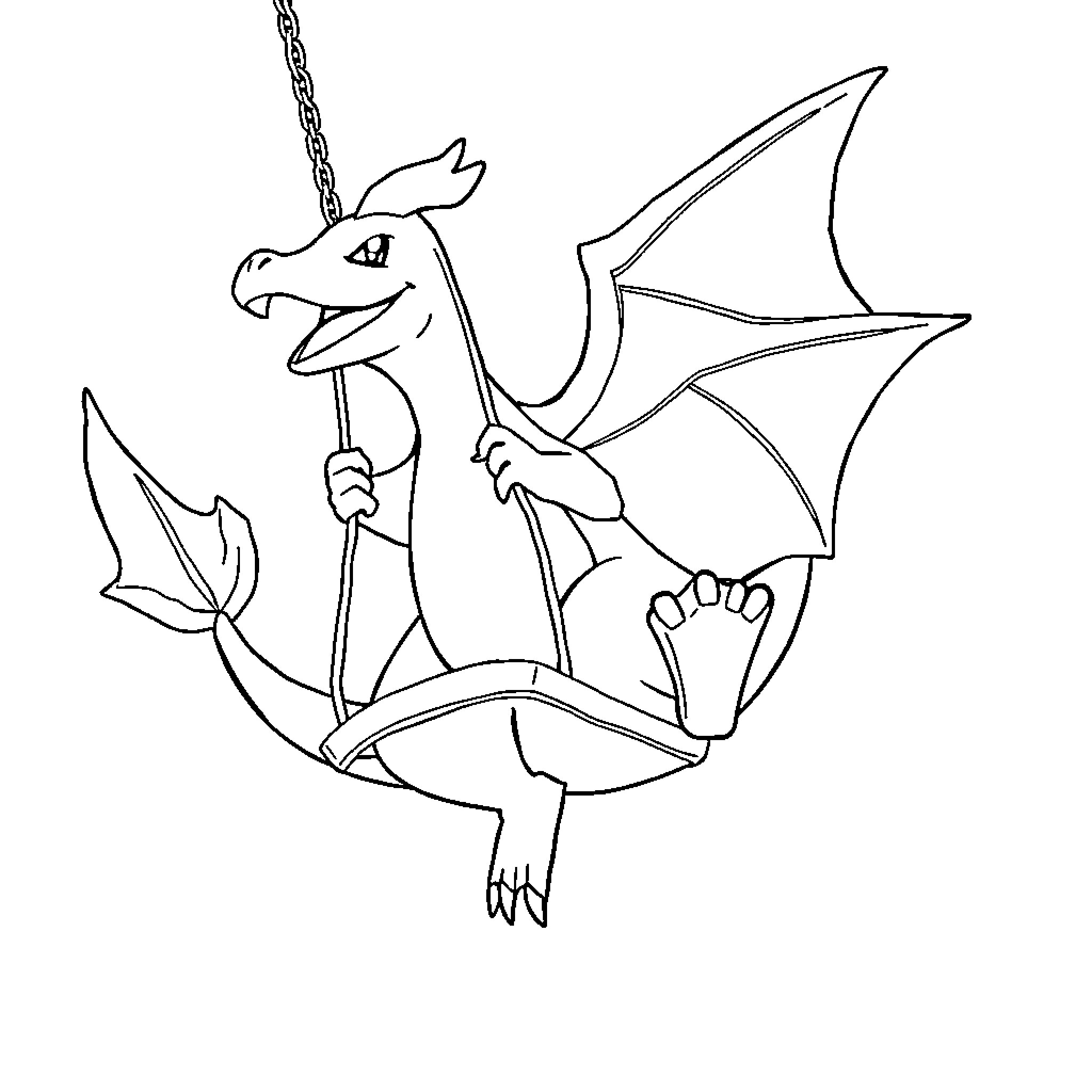 Charizard flying with chains Coloring Page (free black-and-white line drawing printable PDF for all, from beginners to advanced learners, including children, teens, adults, and seniors)