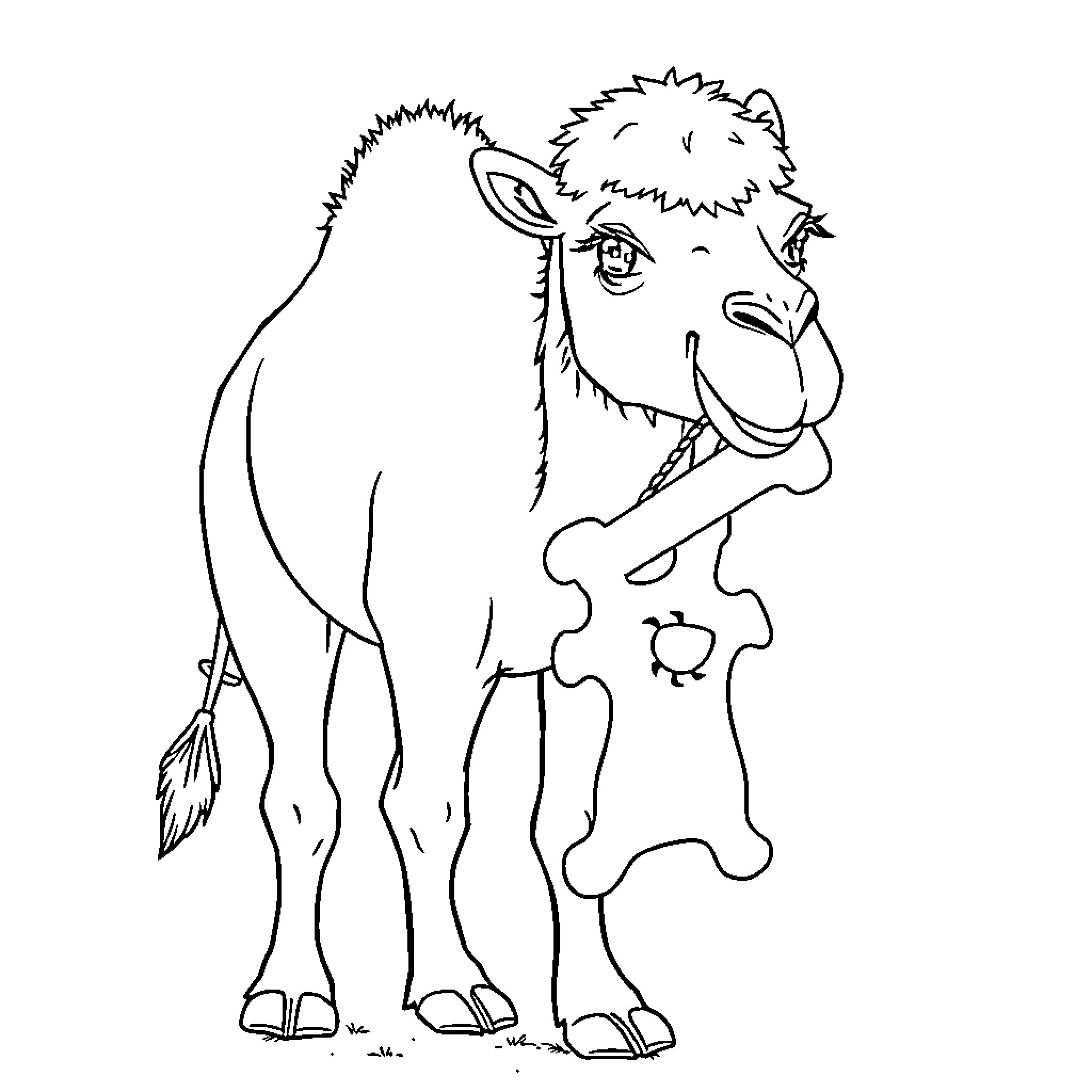 Camel standing and eating a bone Coloring Page (free black-and-white line drawing printable PDF for all, from beginners to advanced learners, including children, teens, adults, and seniors)