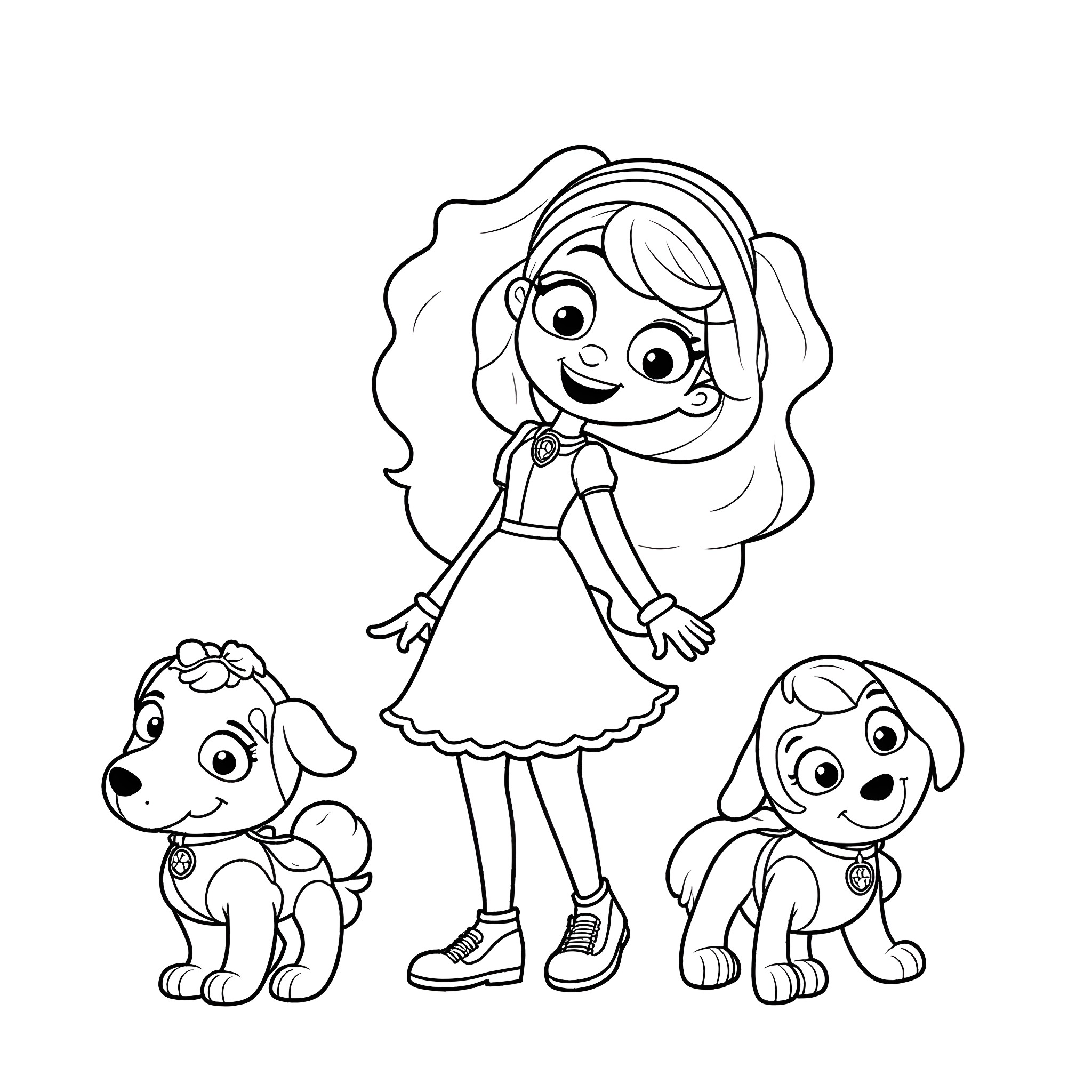 Mrs Rachel's Fun Day with Pets Coloring Page (free black-and-white line drawing printable PDF for all, from beginners to advanced learners, including children, teens, adults, and seniors)
