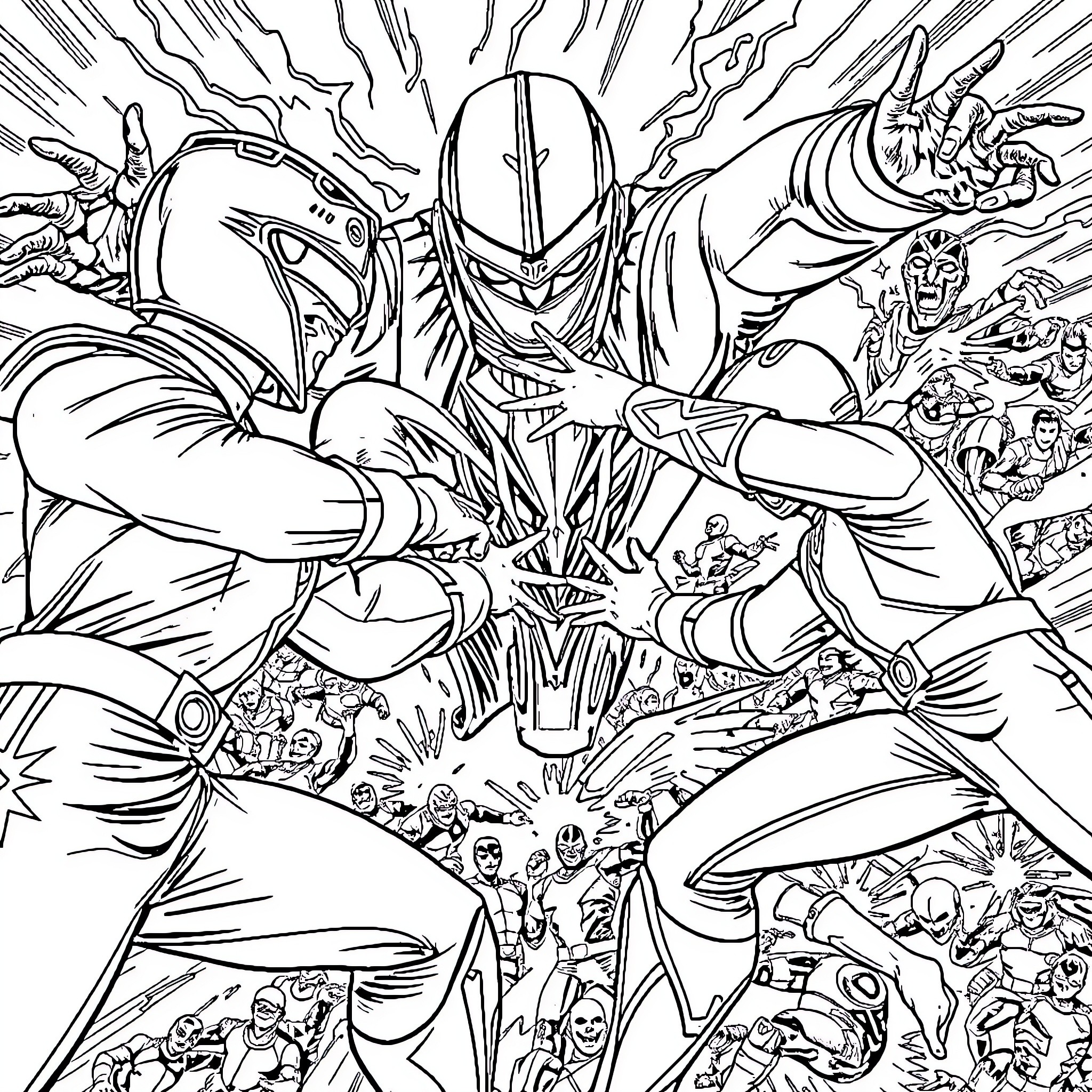 Power Ranger Heroic Battle Against Villains Coloring Page (free black-and-white line drawing printable PDF for all, from beginners to advanced learners, including children, teens, adults, and seniors)